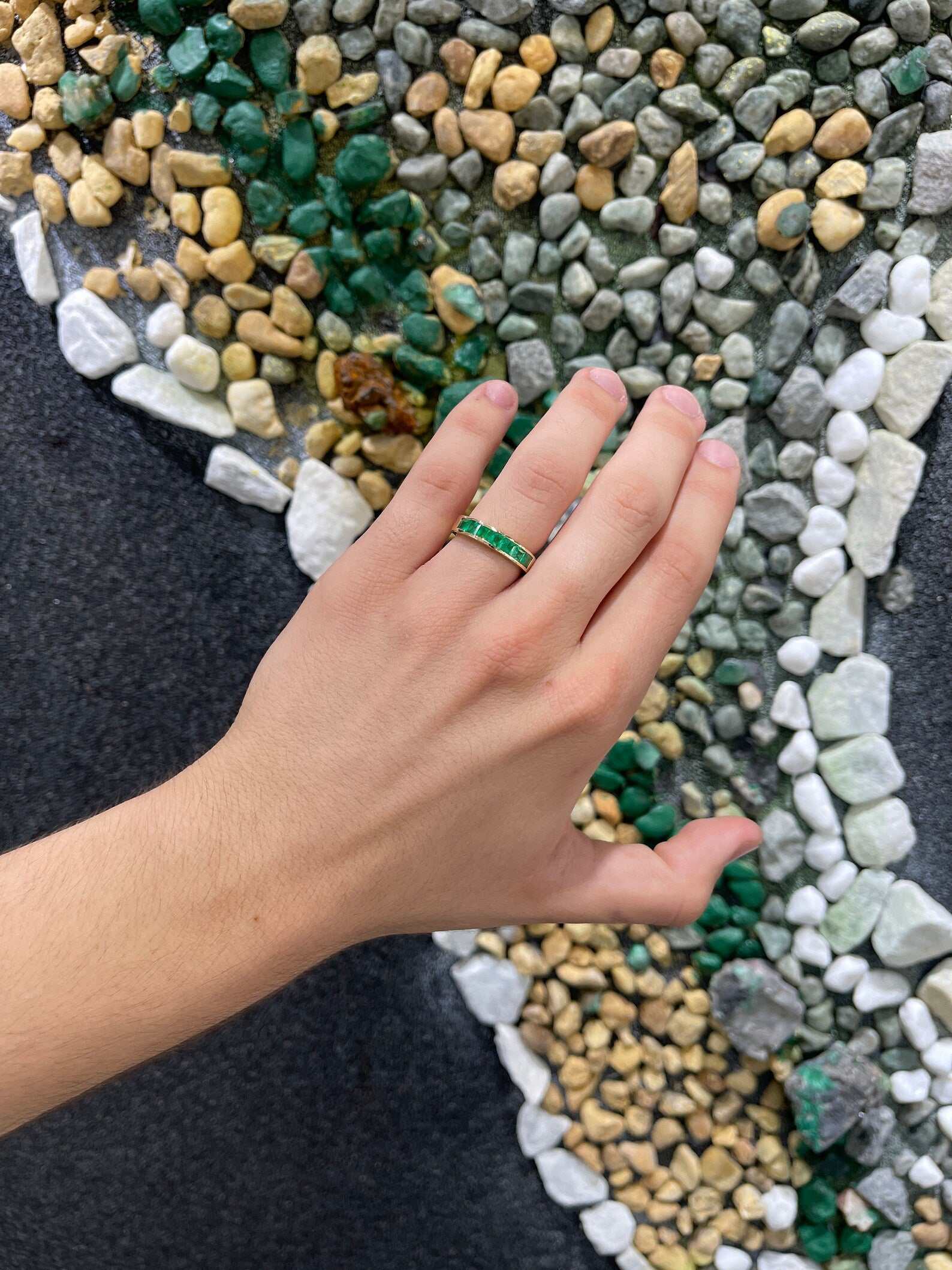 Men's 14K gold band ring featuring 1.40tcw vivid green emeralds by JR Colombian Emeralds.