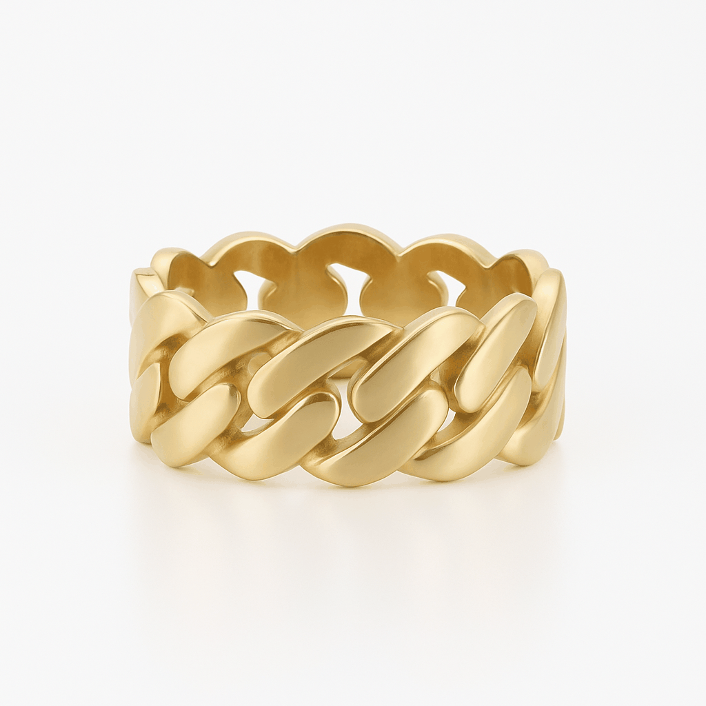 14K 9.8mm Wide Gold Cuban Link Ring Unisex - JR Colombian Emeralds