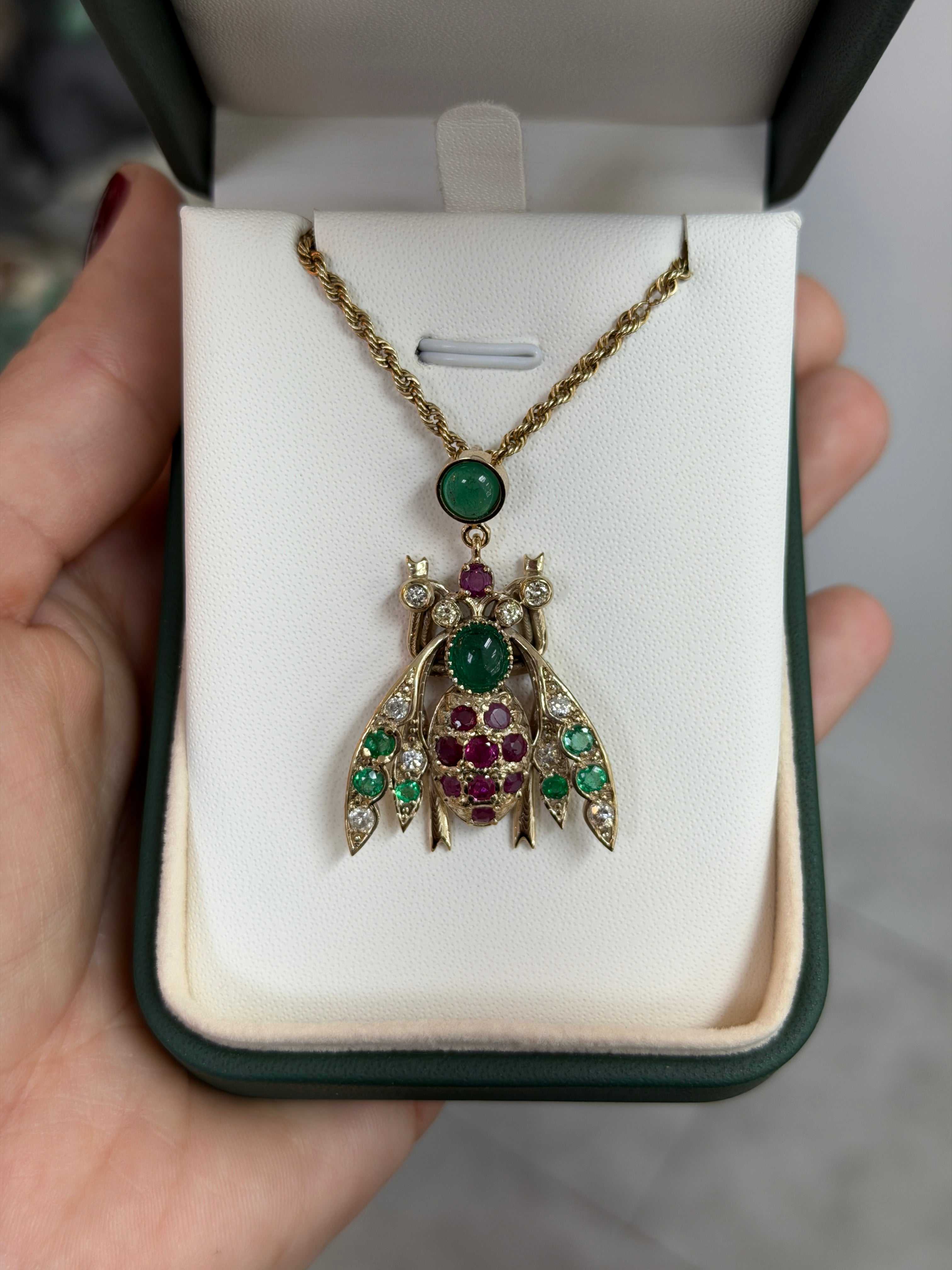 4.14tcw emerald ruby diamond bee insect pendant in 14K gold