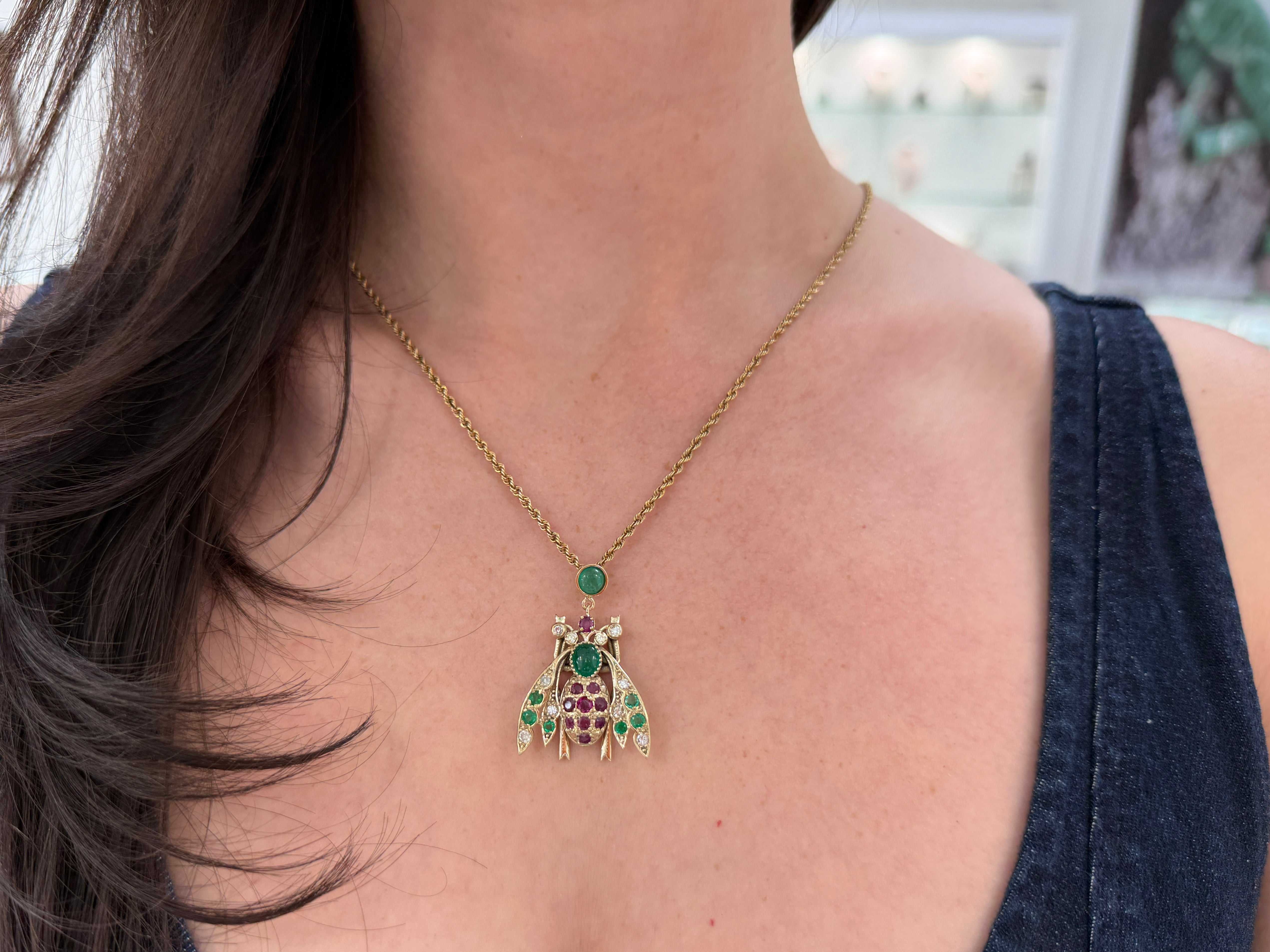 4.14tcw Emerald Ruby Diamond Bug Bee Insect Pendant 14K - JR Colombian Emeralds