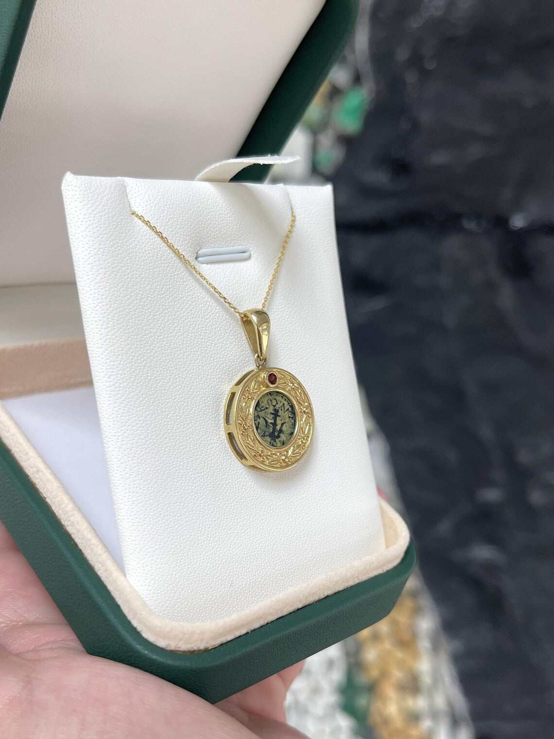 Natural 2.00ct round orange sapphire pendant on ancient coin necklace, jewelry by JR Colombian Emeralds, elegant and vibrant.
