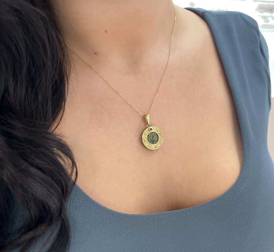 Natural 2.00ct round orange sapphire pendant on ancient coin necklace, jewelry piece from JR Colombian Emeralds.