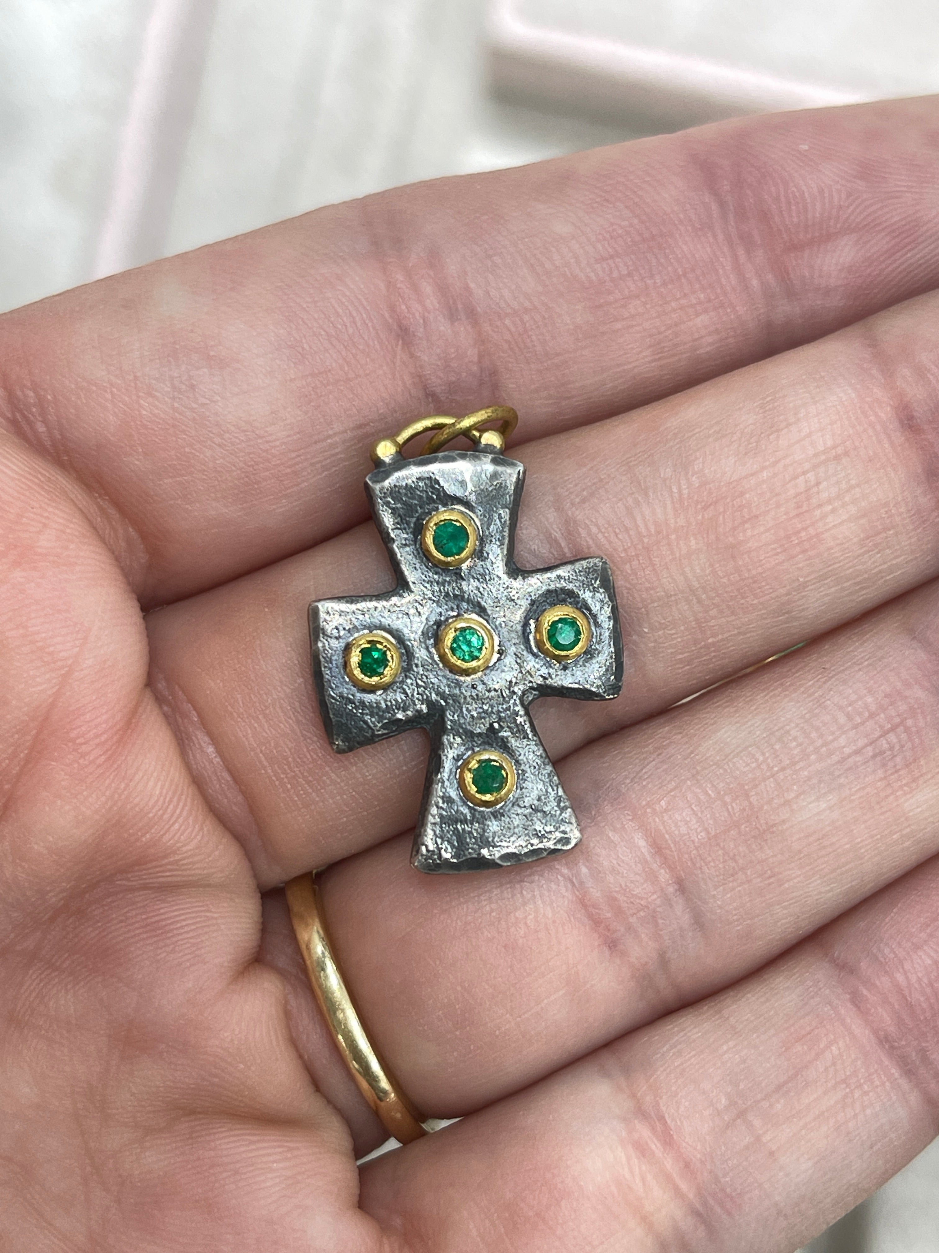 Byzantine 24K Gold & Sterling Silver Emerald Cross Pendant - JR Colombian Emeralds