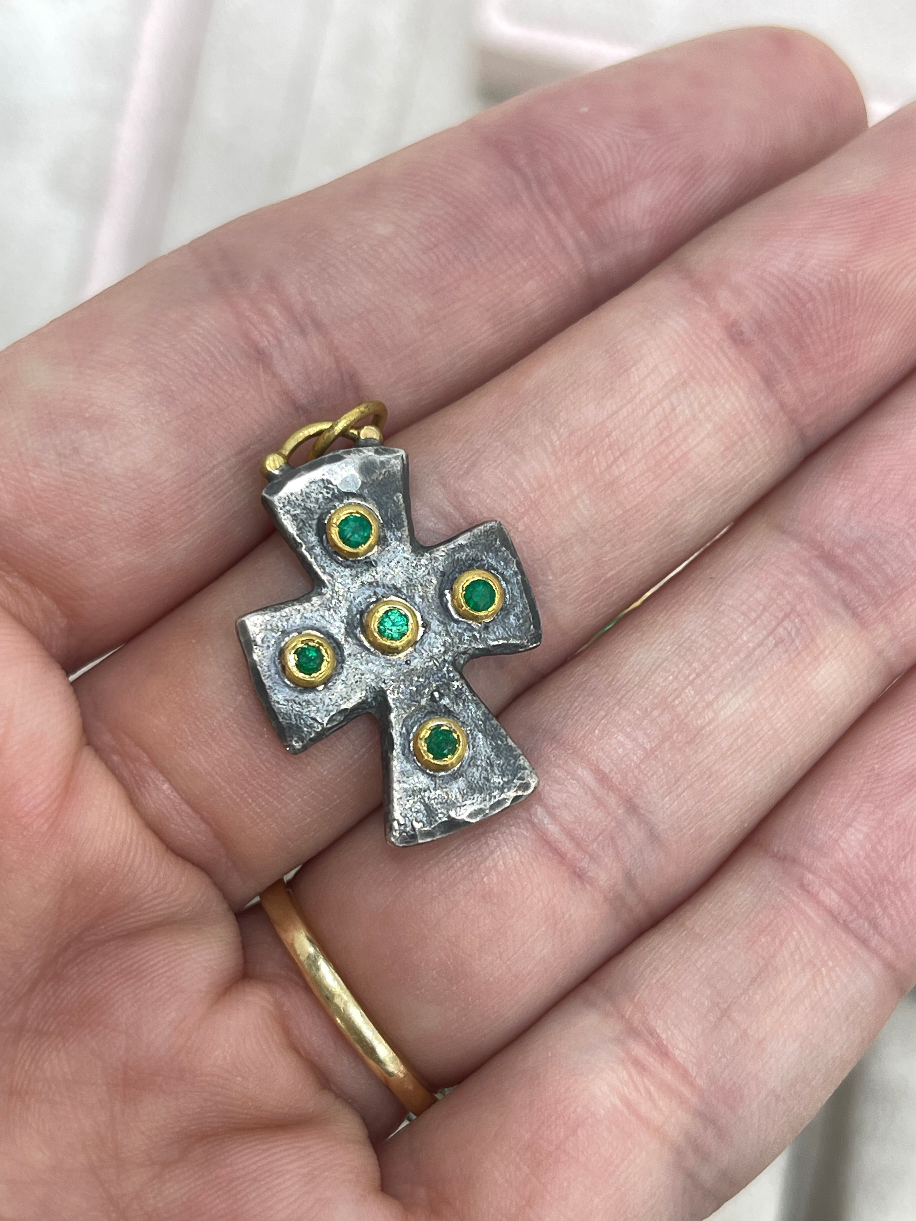 Byzantine 24K Gold & Sterling Silver Emerald Cross Pendant - JR Colombian Emeralds