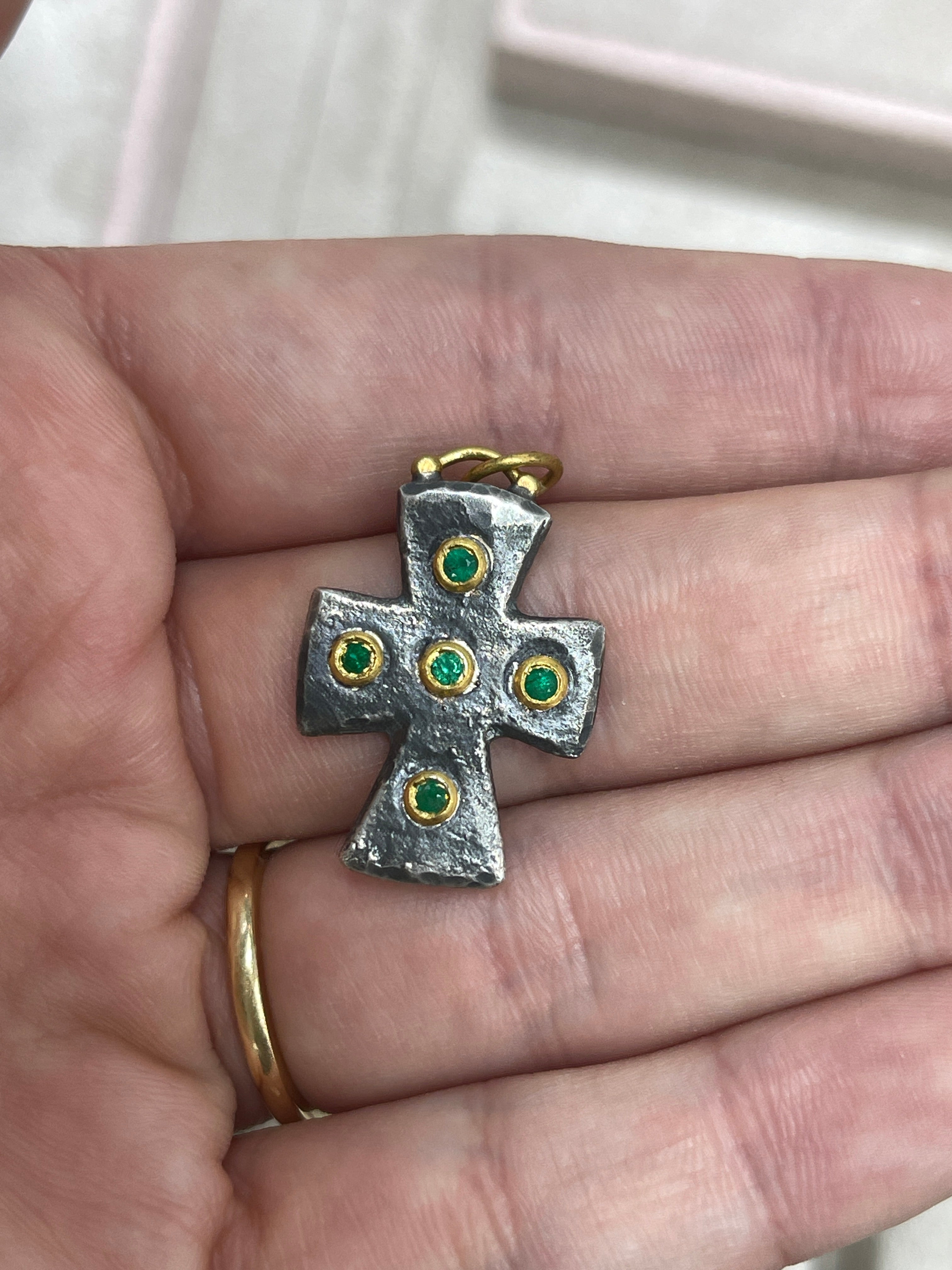 Byzantine 24K Gold & Sterling Silver Emerald Cross Pendant - JR Colombian Emeralds