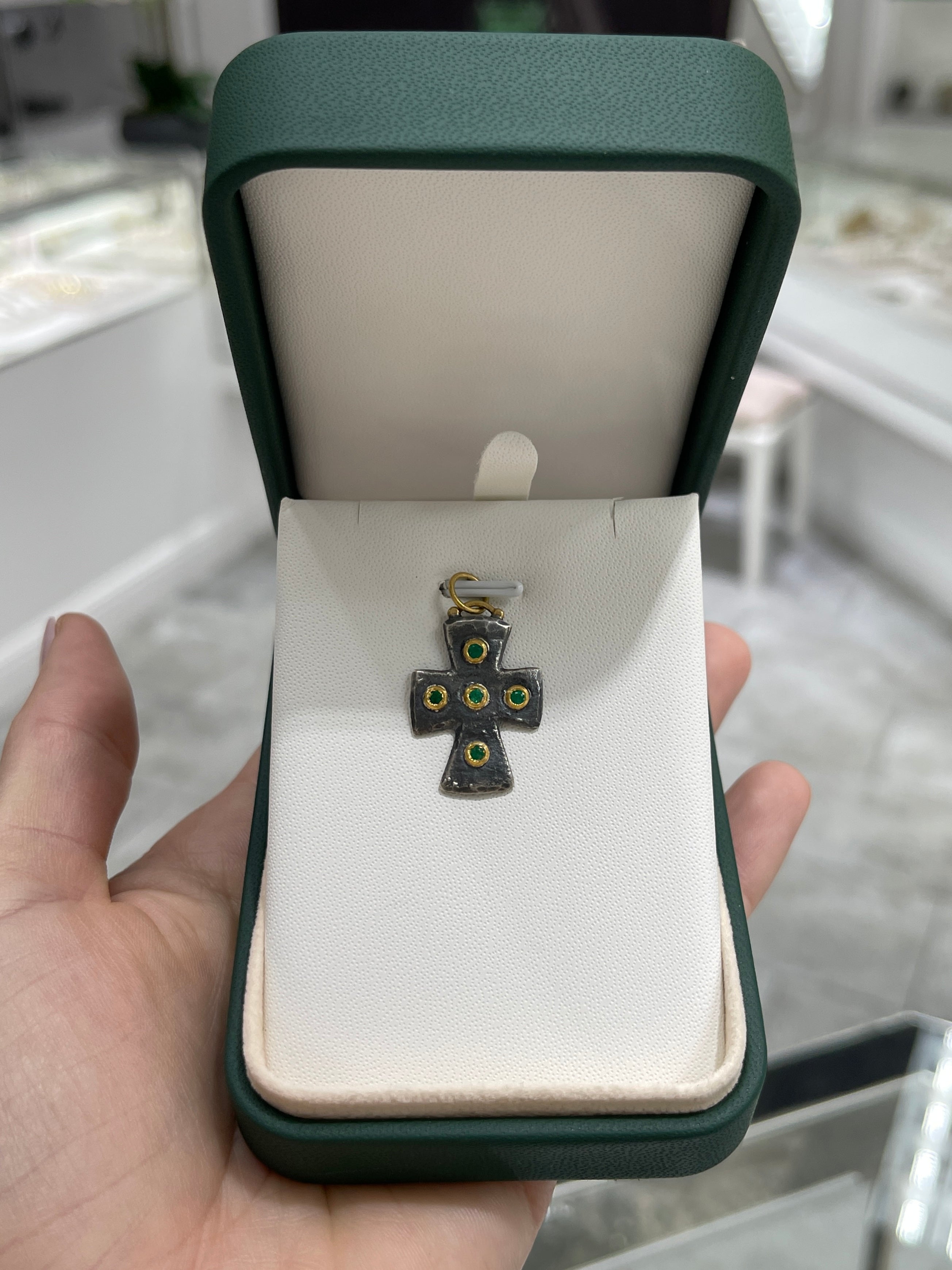 Byzantine 24K Gold & Sterling Silver Emerald Cross Pendant - JR Colombian Emeralds
