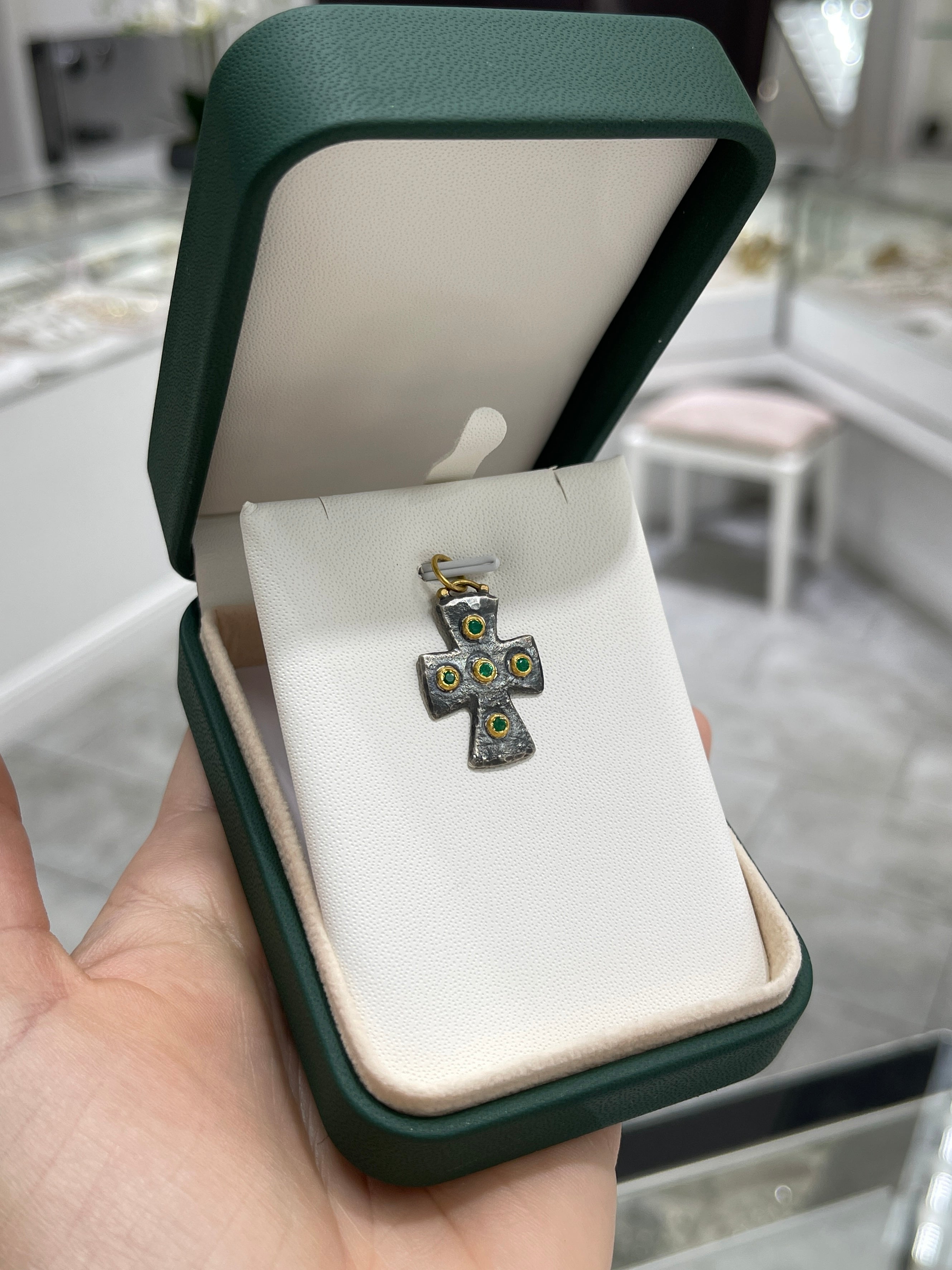 Byzantine 24K Gold & Sterling Silver Emerald Cross Pendant - JR Colombian Emeralds
