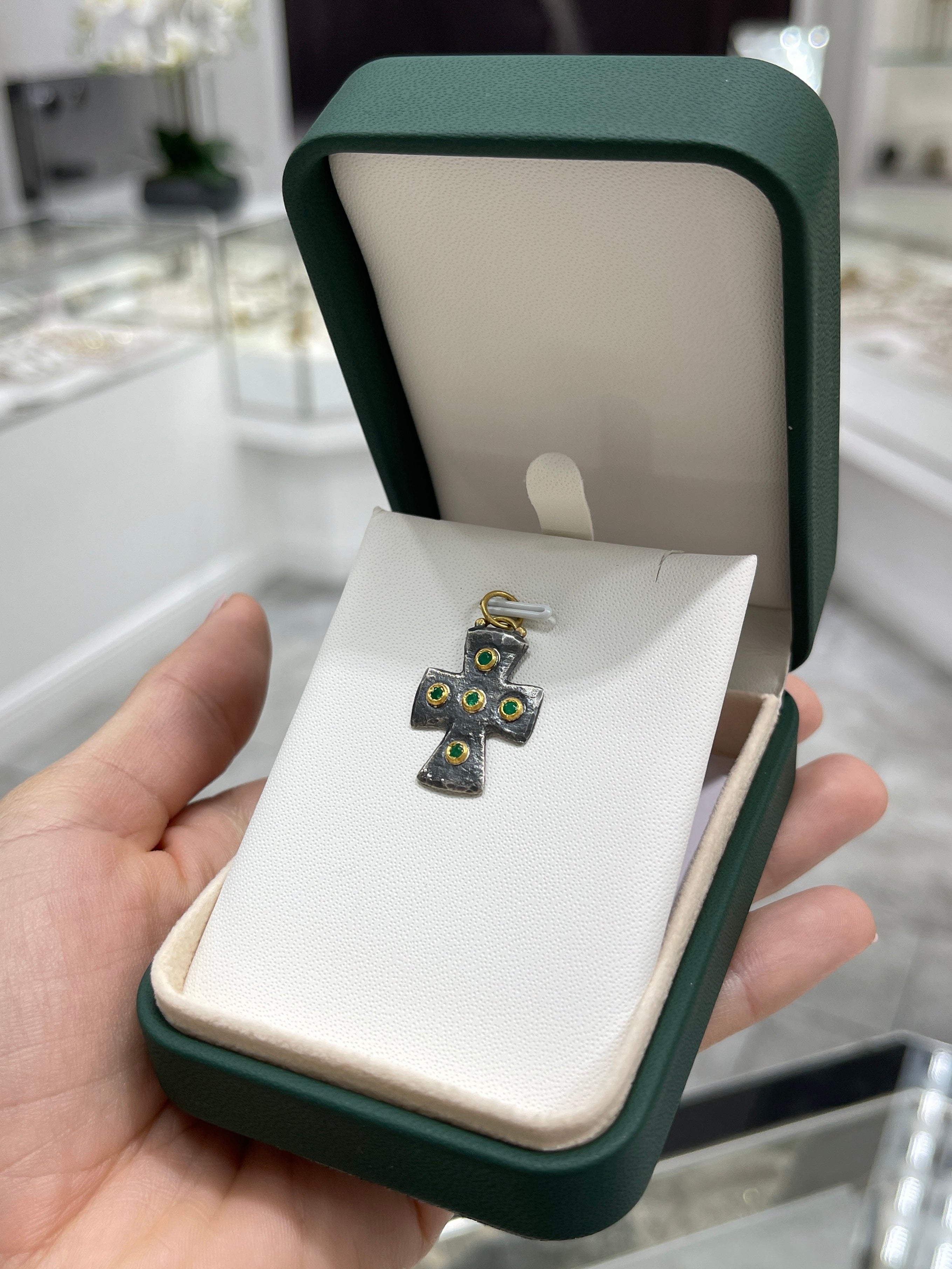 Byzantine 24K Gold & Sterling Silver Emerald Cross Pendant - JR Colombian Emeralds