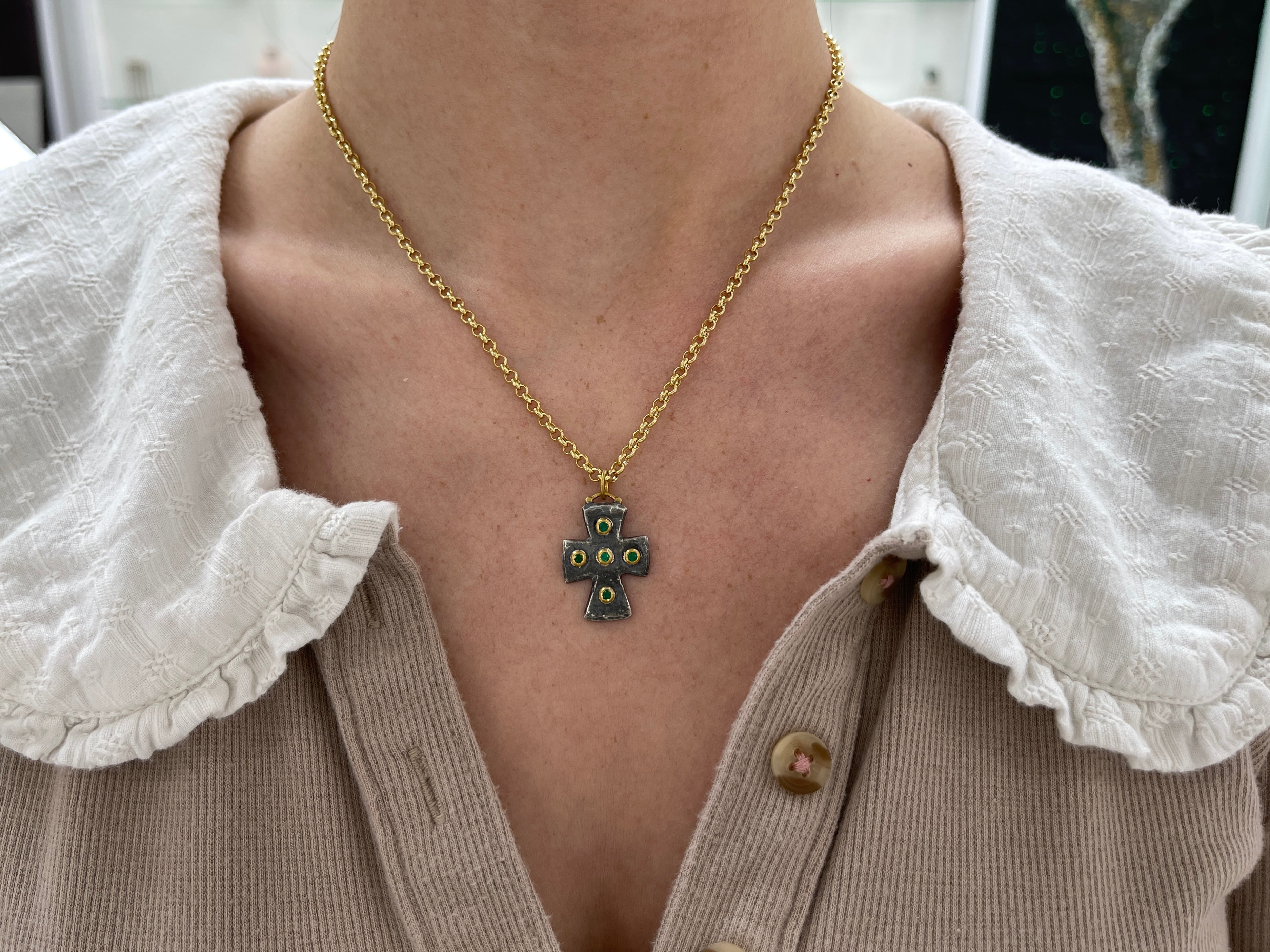 Byzantine 24K Gold & Sterling Silver Emerald Cross Pendant - JR Colombian Emeralds