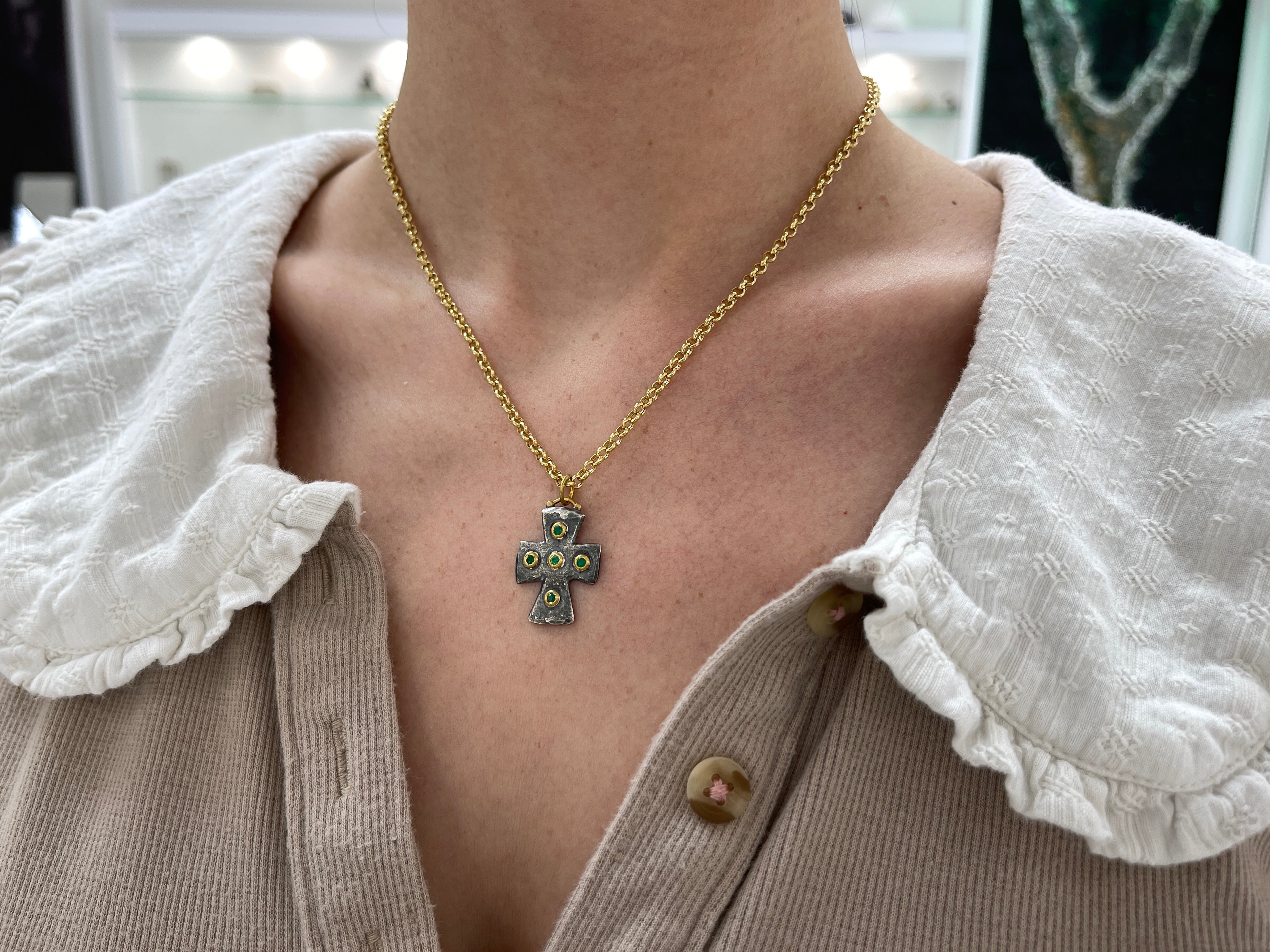 Byzantine 24K Gold & Sterling Silver Emerald Cross Pendant - JR Colombian Emeralds