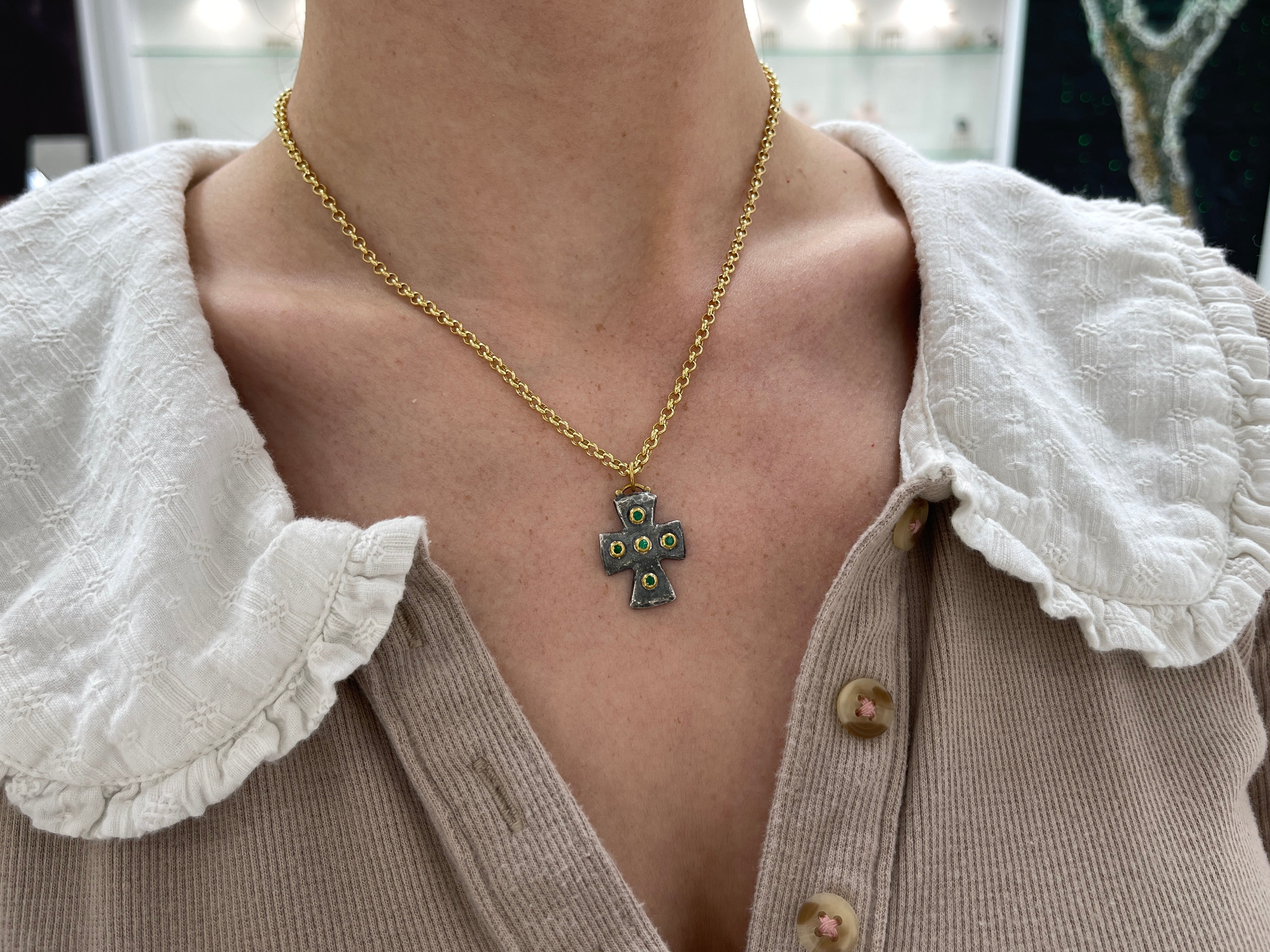 Byzantine 24K Gold & Sterling Silver Emerald Cross Pendant - JR Colombian Emeralds