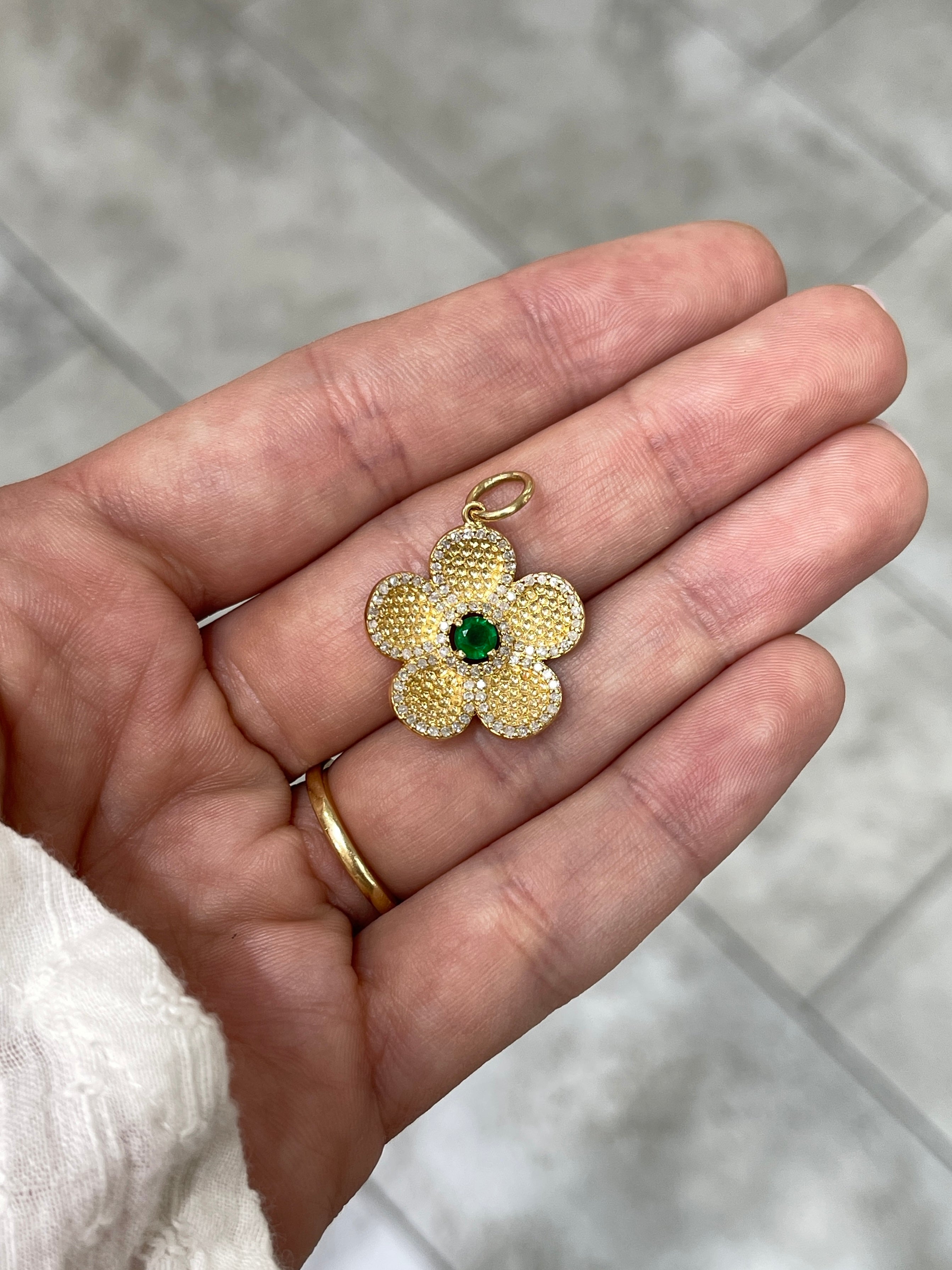 14K gold emerald and diamond flower pendant with 0.58tcw from JR Colombian Emeralds, showcasing intricate jewelry design.