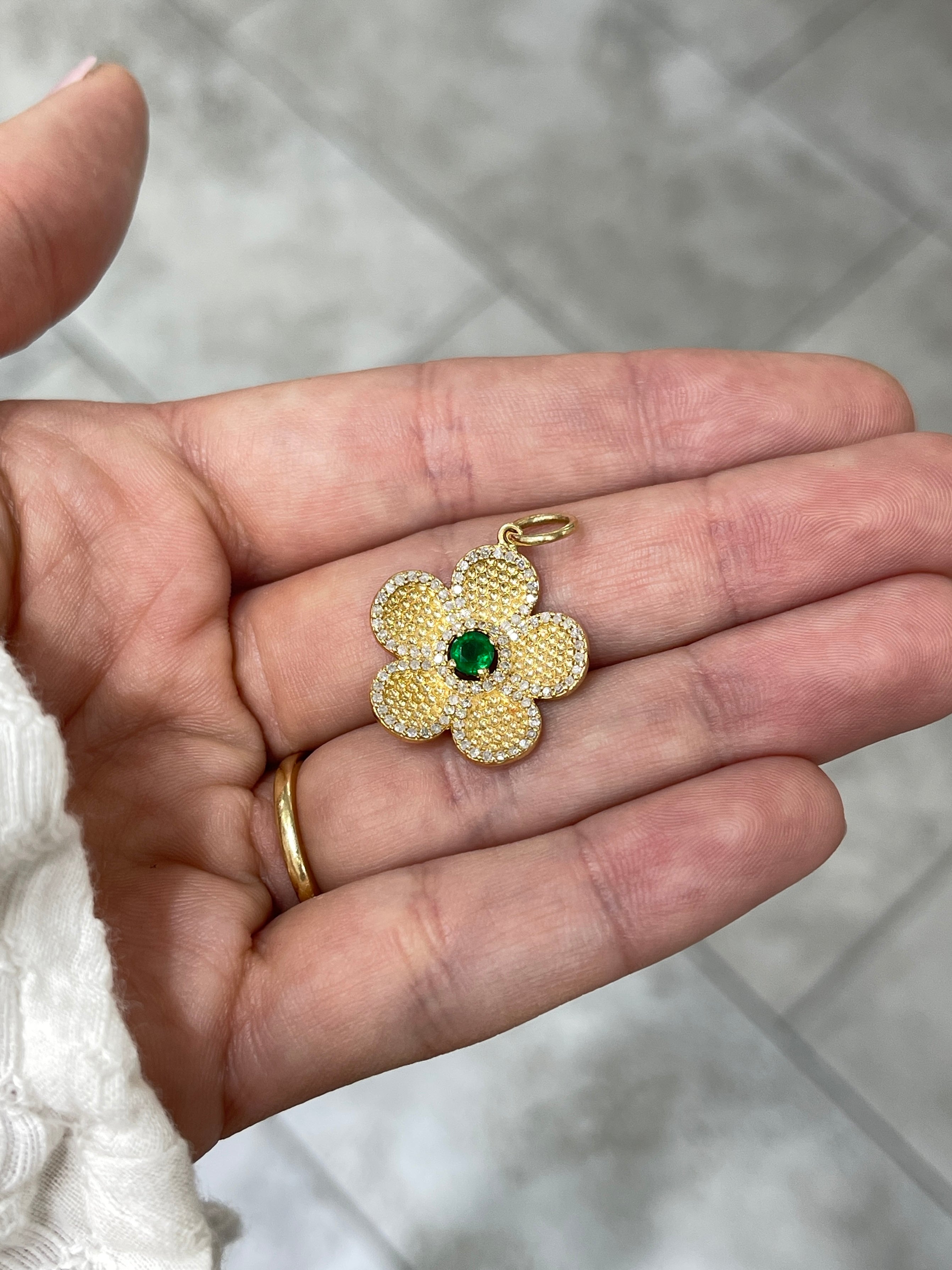 14K gold emerald and diamond flower pendant with 0.58 carats total weight from JR Colombian Emeralds.