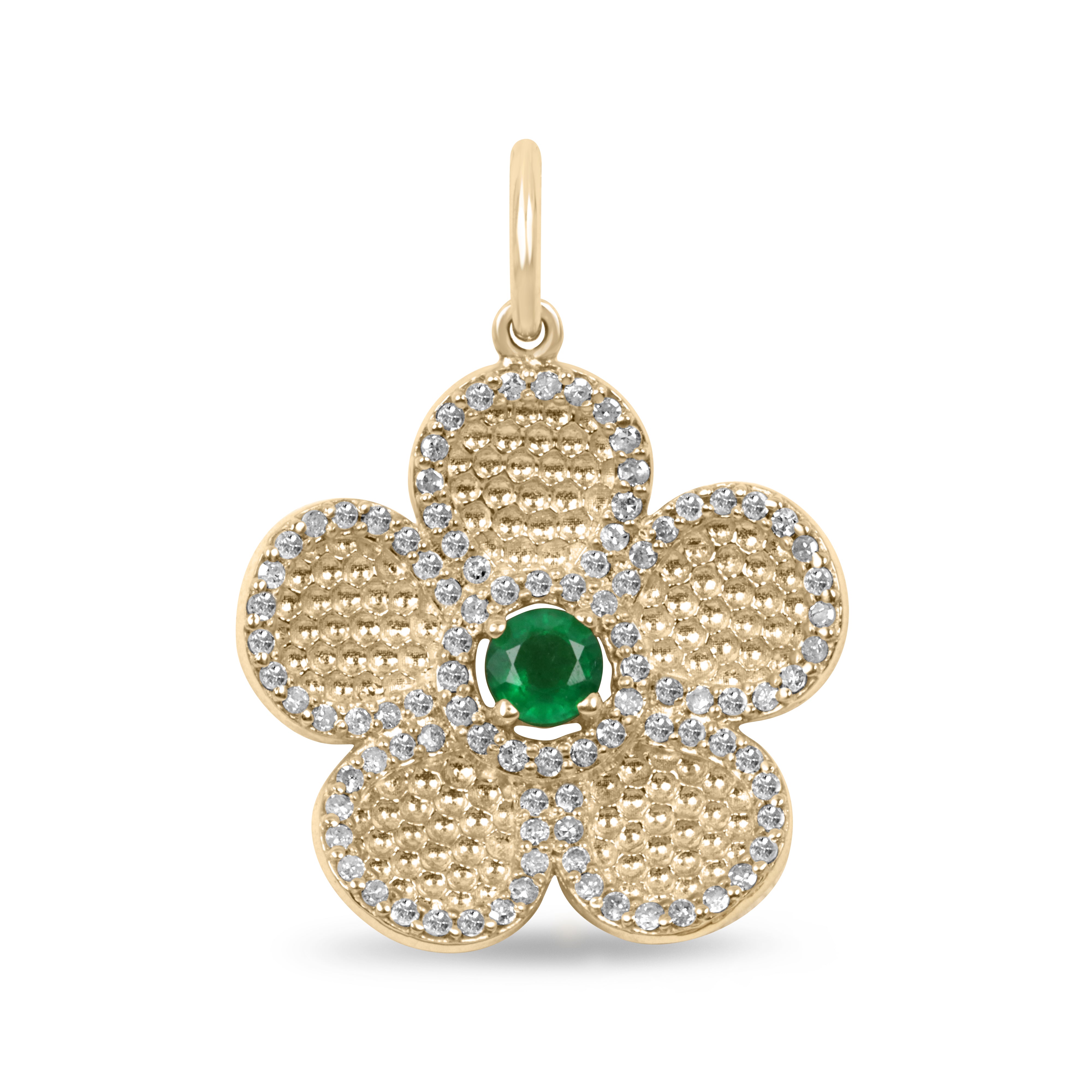 14K gold flower pendant with emerald and diamond accents, showcasing intricate design and vibrant green gemstones.