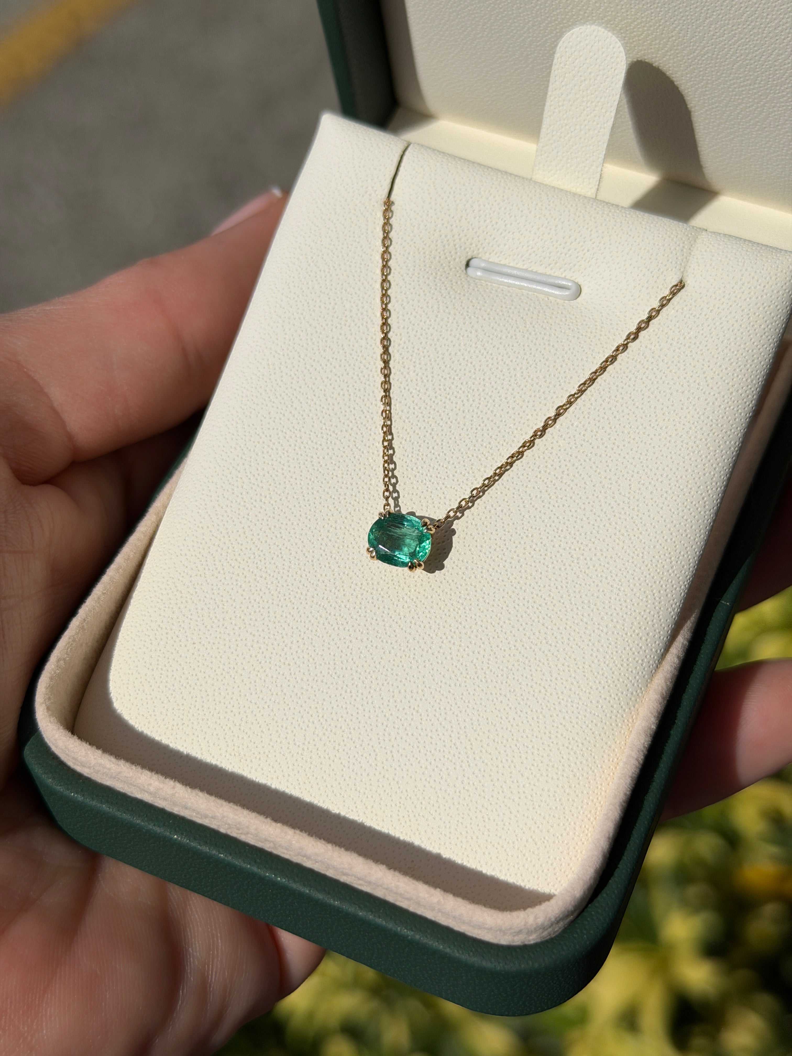 1.0 Carat East To West Transparent Clarity Zambian Emerald Necklace 14K - JR Colombian Emeralds
