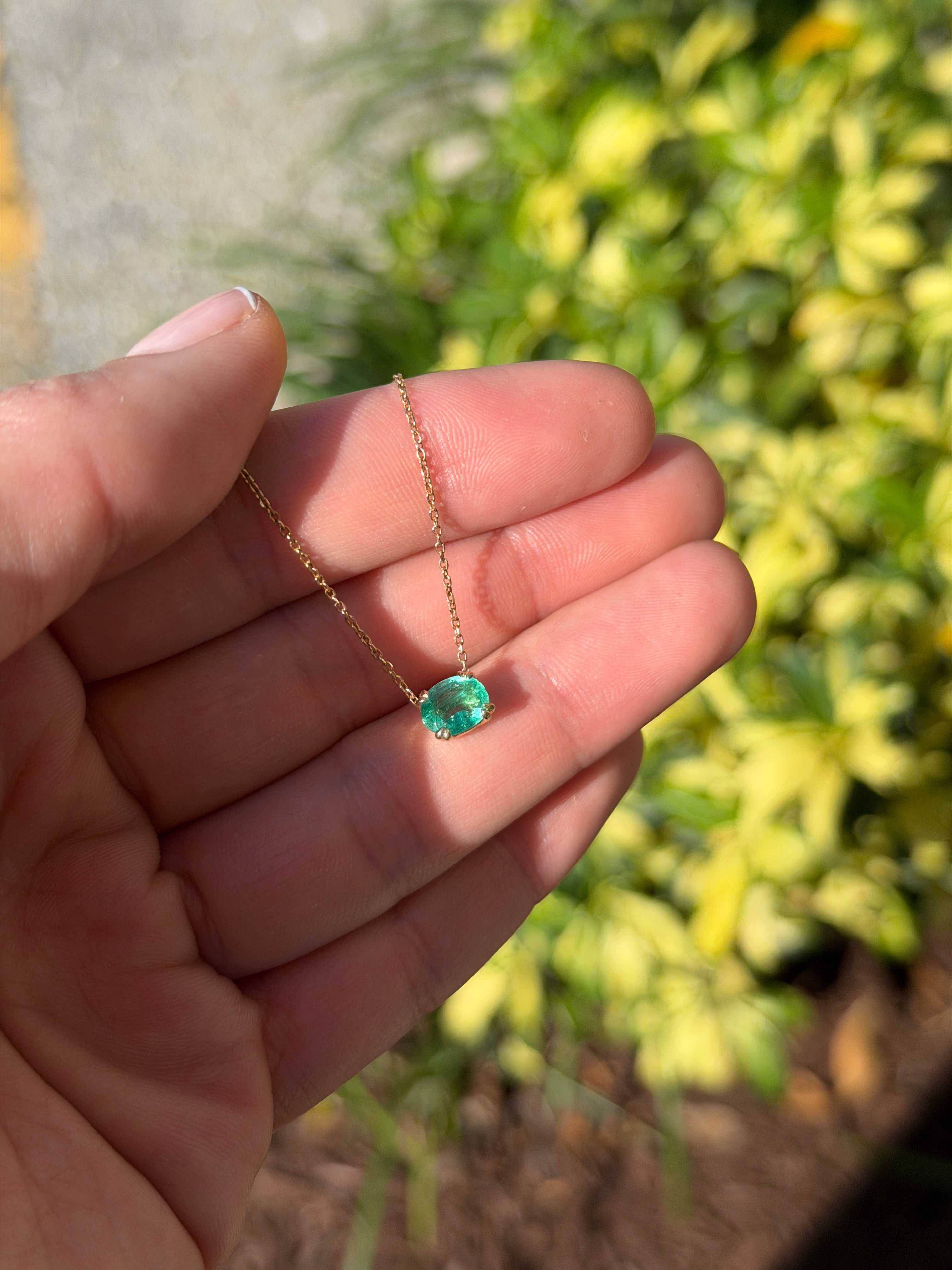 1.0 Carat East To West Transparent Clarity Zambian Emerald Necklace 14K - JR Colombian Emeralds