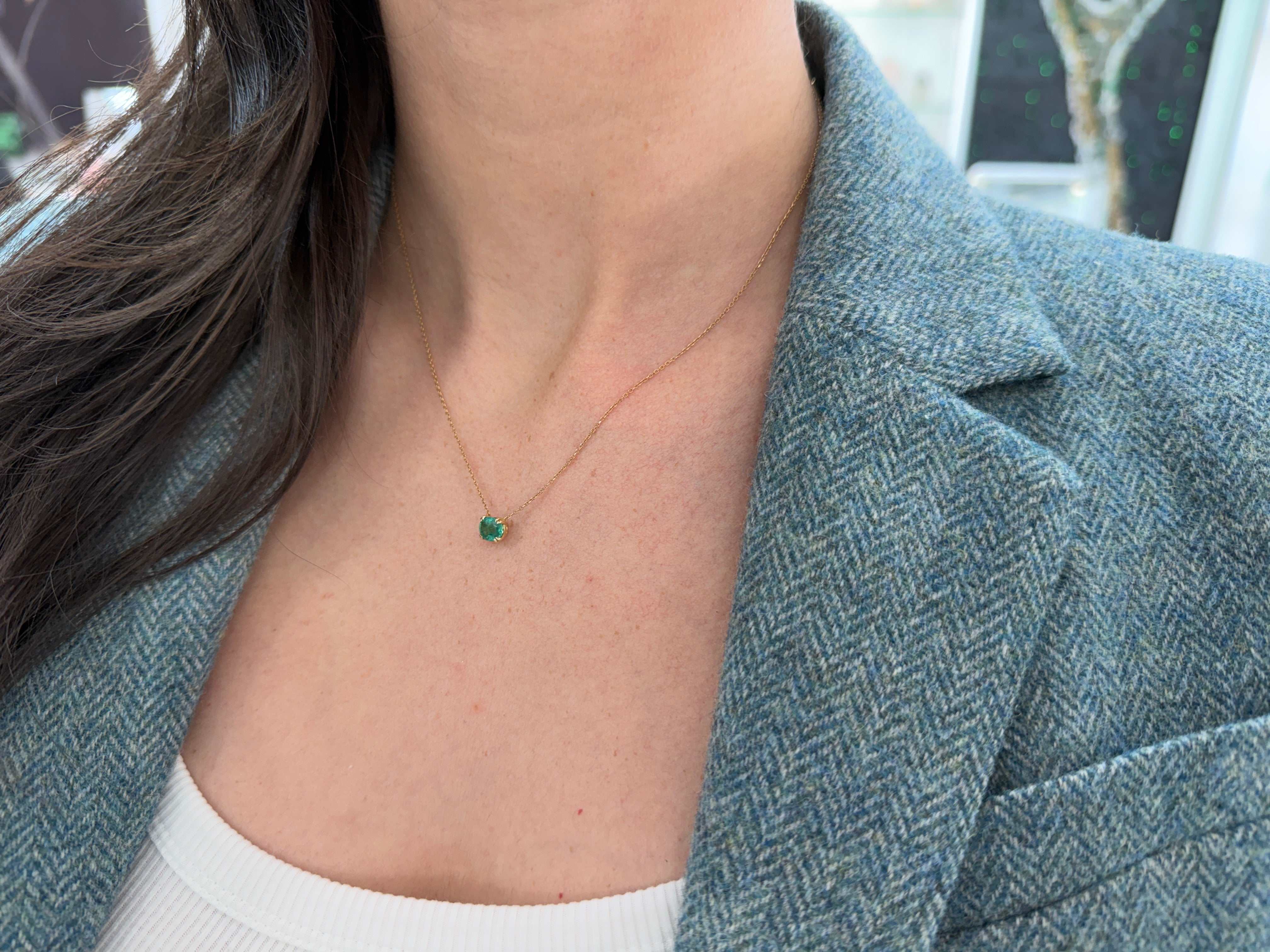 1.0 Carat East To West Transparent Clarity Zambian Emerald Necklace 14K - JR Colombian Emeralds