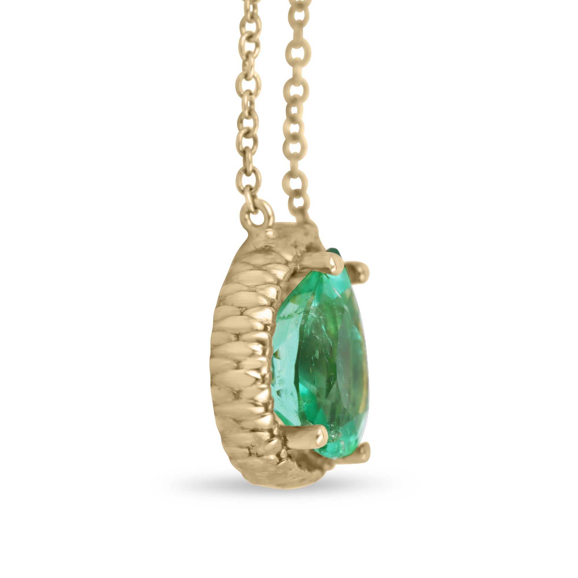 1.55ct Pear Cut Colombian Emerald Reptile Prong Solitaire Necklace 14K