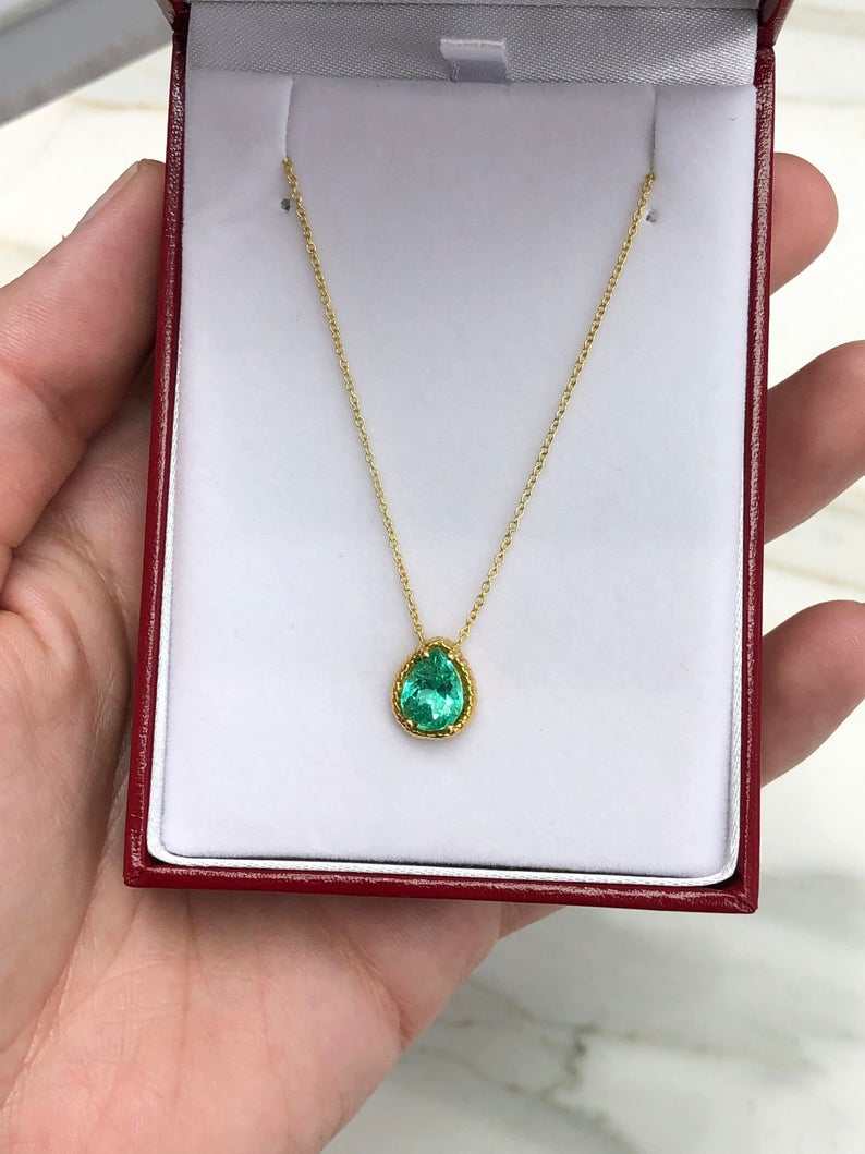 1.55ct Pear Cut Colombian Emerald Reptile Prong Solitaire Necklace 14K