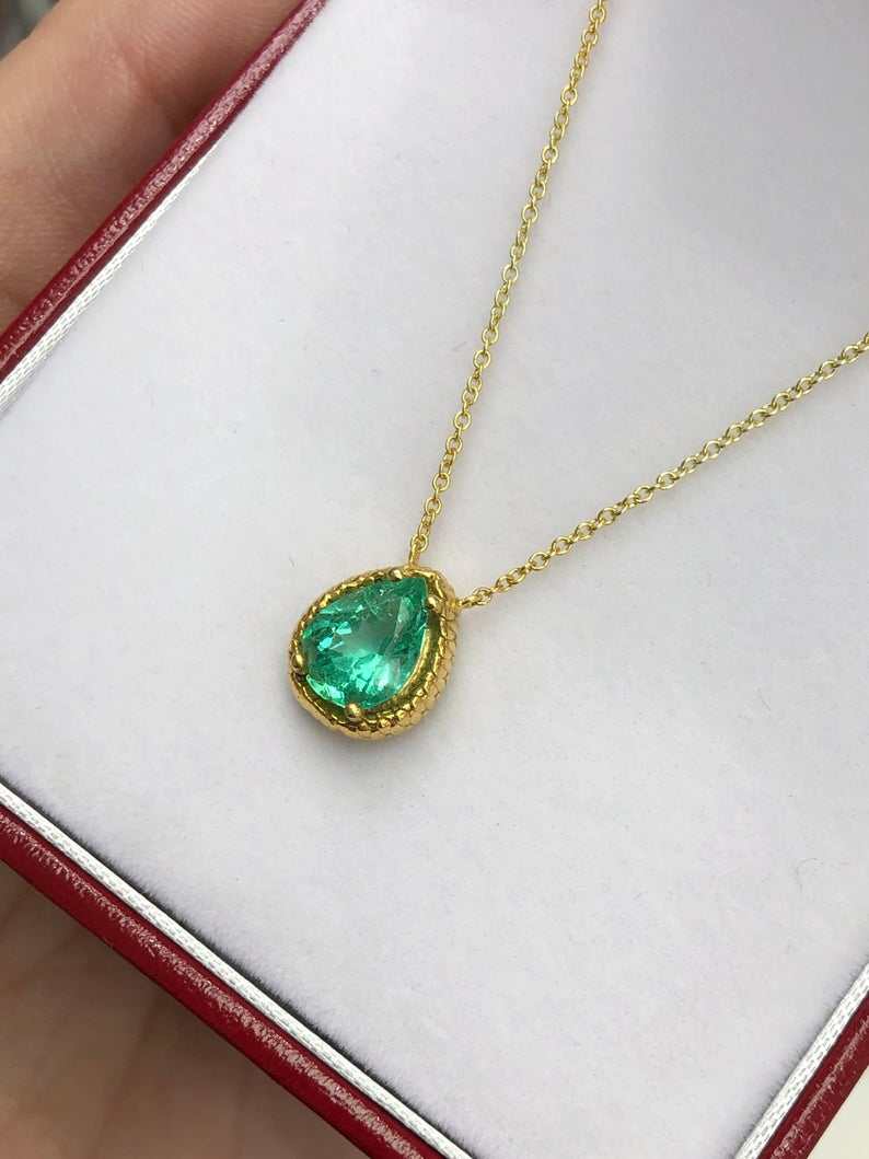 1.55ct Pear Cut Colombian Emerald Reptile Prong Solitaire Necklace 14K