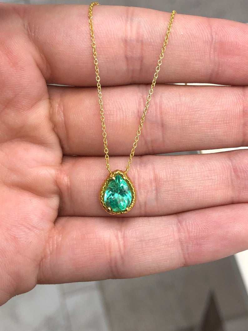 1.55ct Pear Cut Colombian Emerald Reptile Prong Solitaire Necklace 14K
