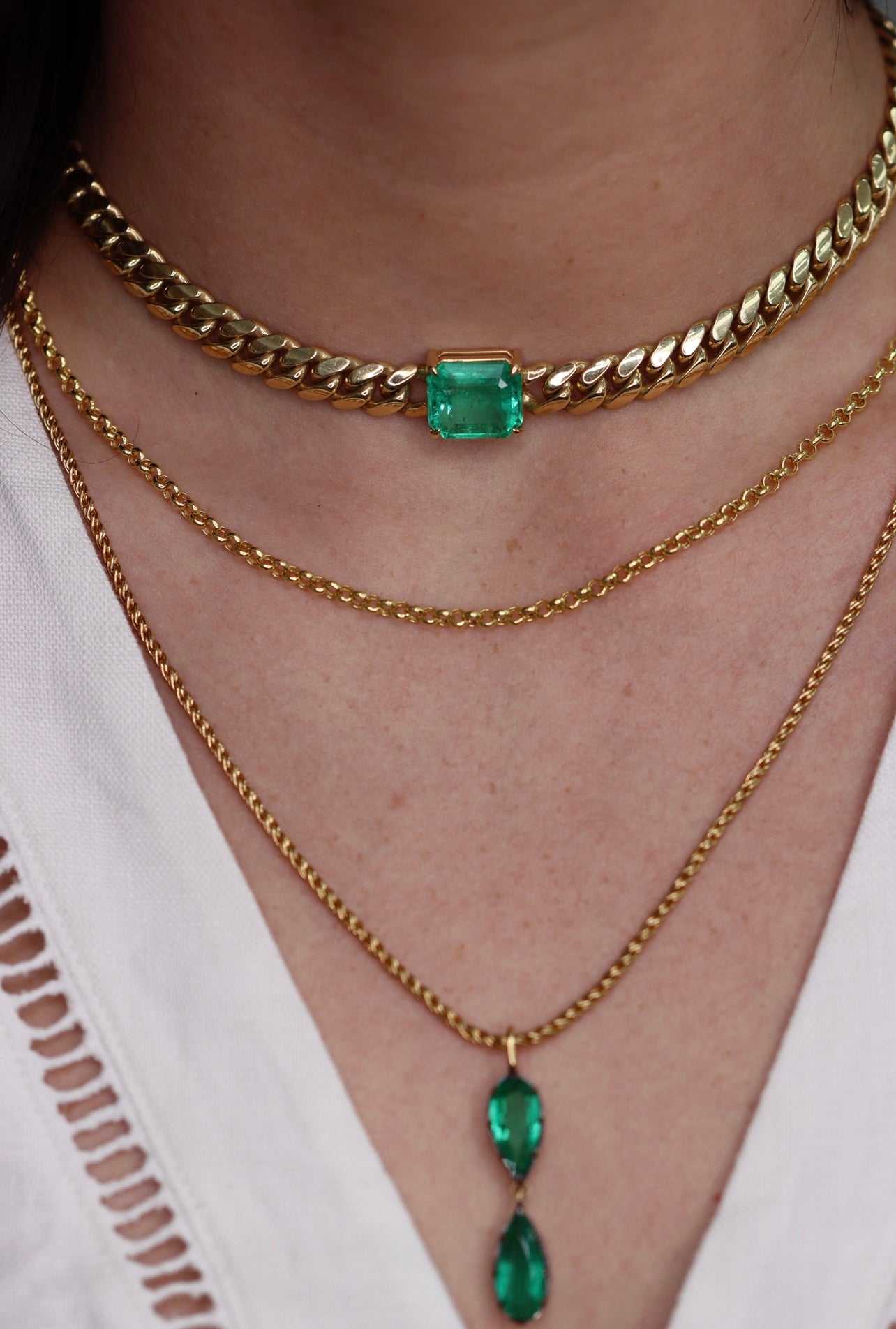 10 Carat Jumbo East To West Colombian Emerald Cuban Link Choker 14K - JR Colombian Emeralds