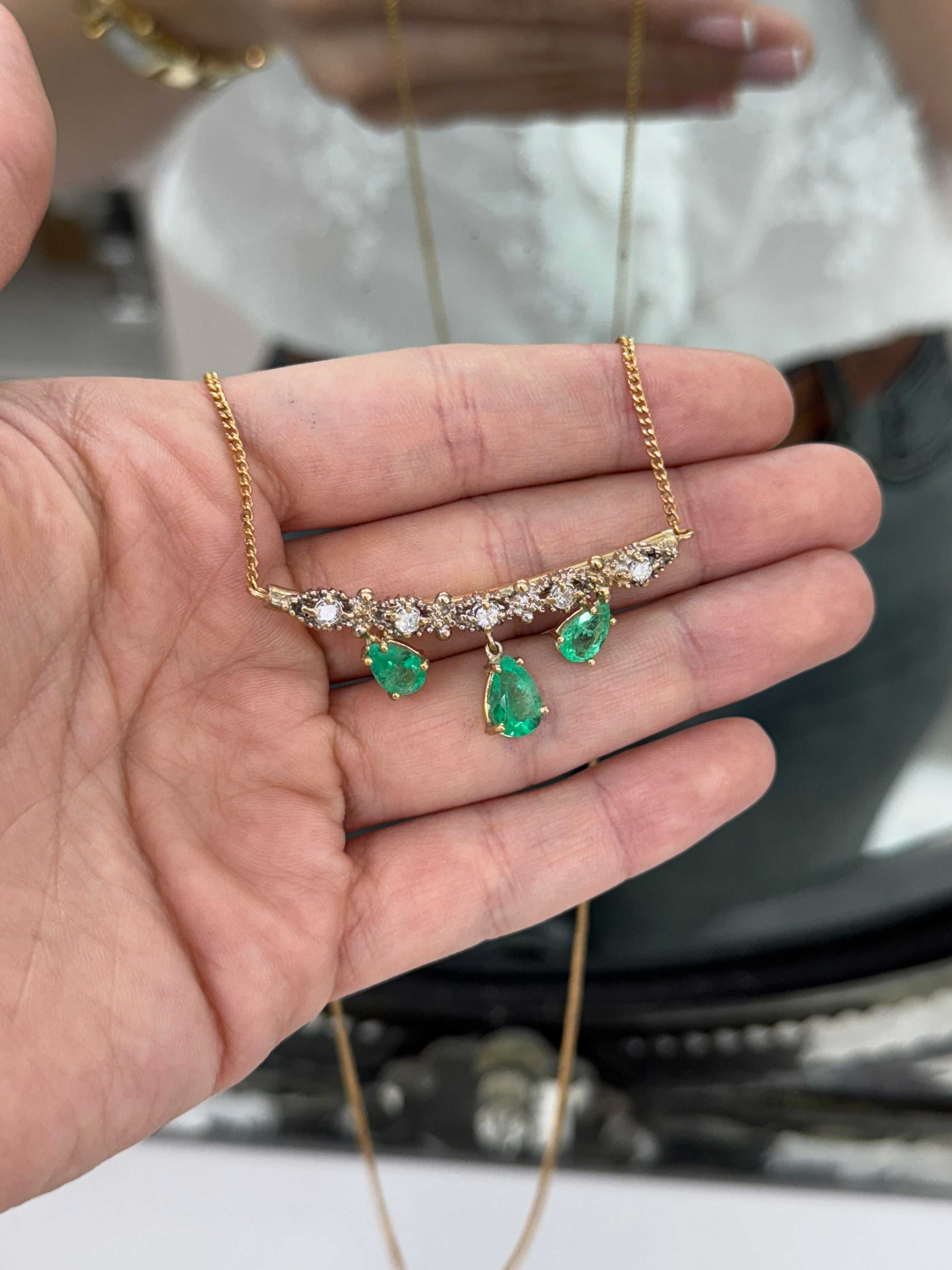6.70tcw Bib Vintage Emerald Pear & Diamond Necklace 14K