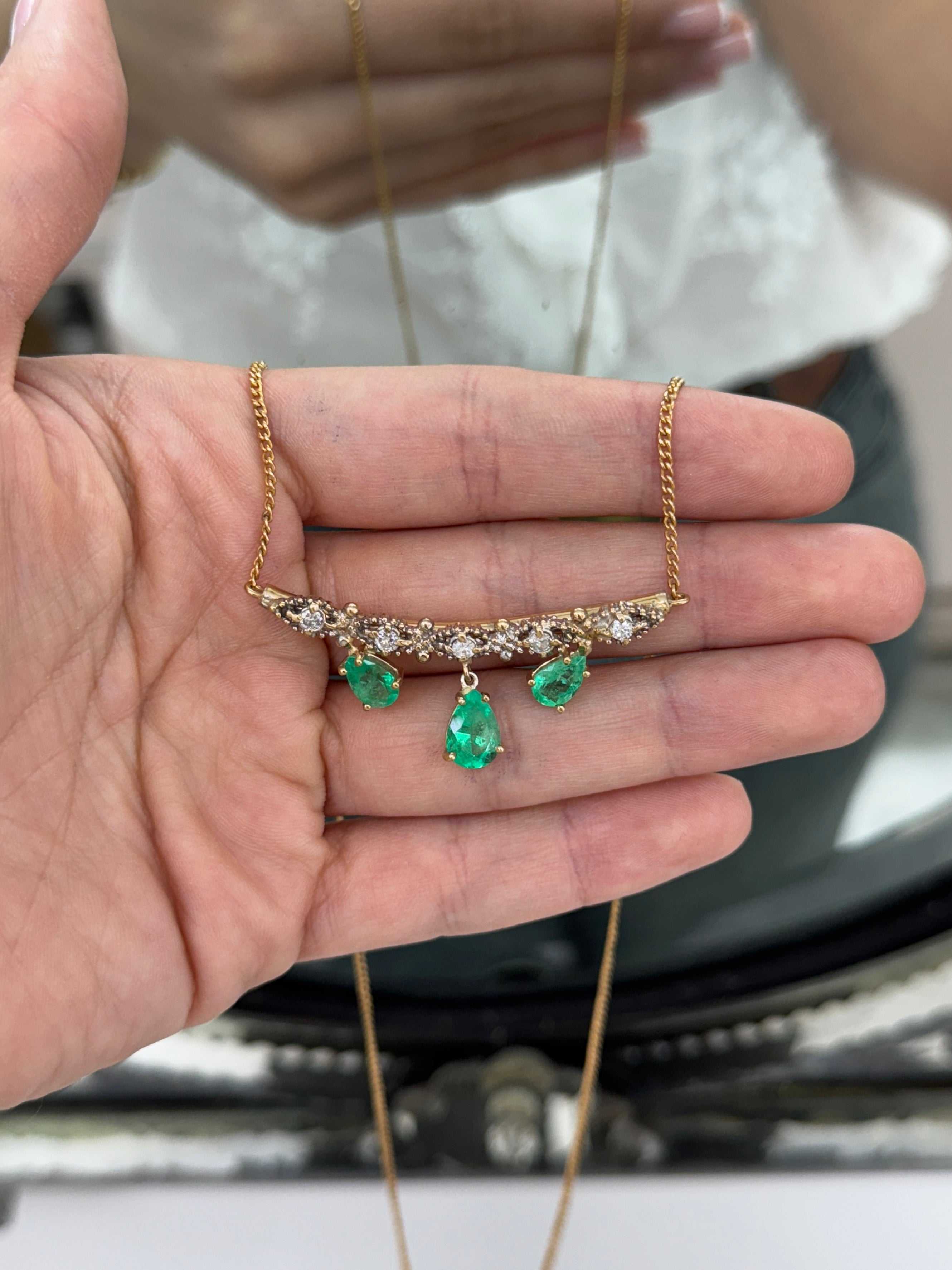 6.70tcw Bib Vintage Emerald Pear & Diamond Necklace 14K
