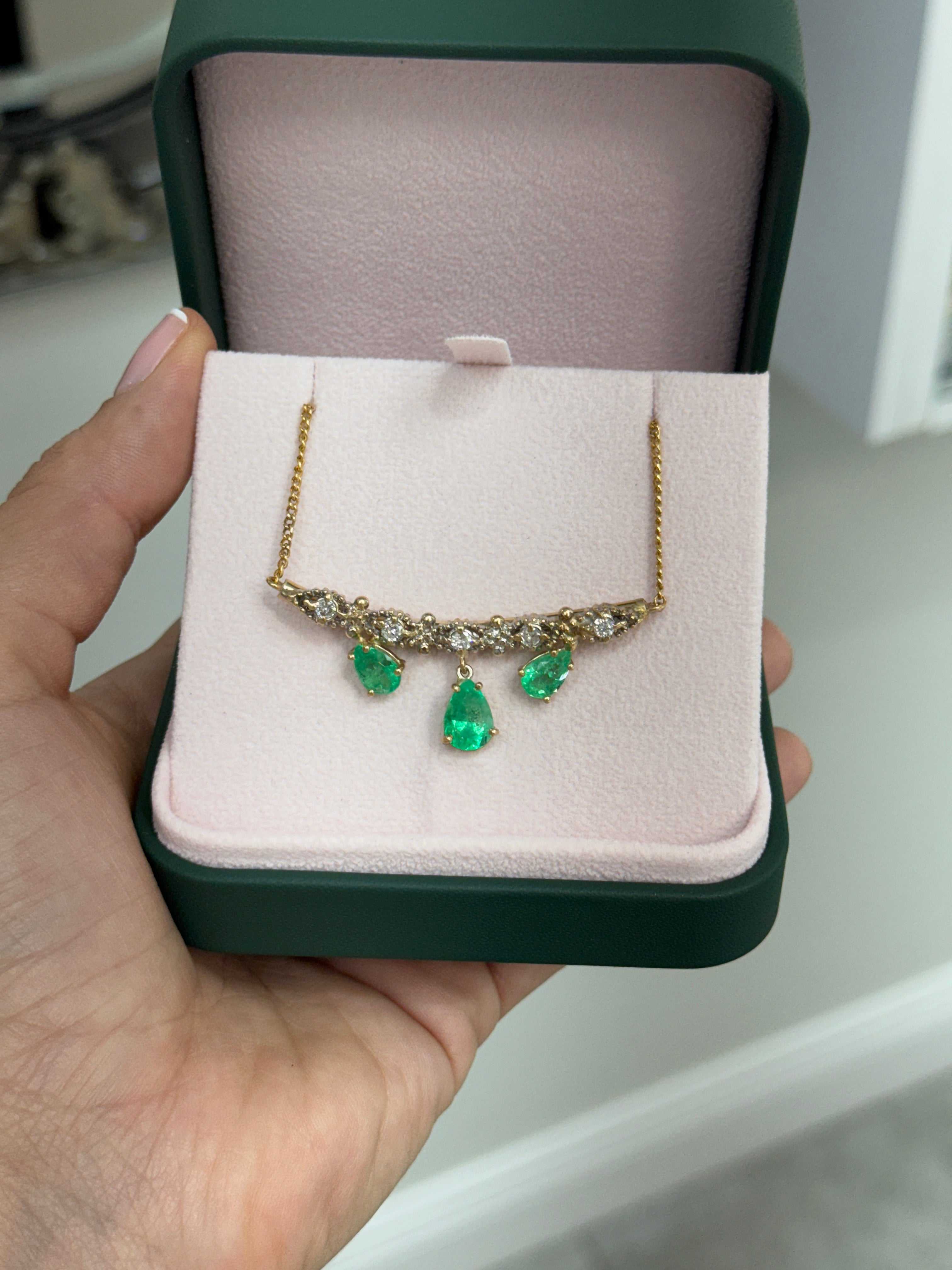 6.70tcw Bib Vintage Emerald Pear & Diamond Necklace 14K