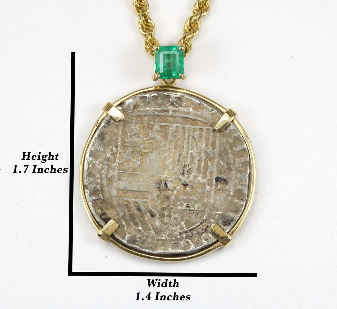 Unisex 1.10 carat Shipwreck Atocha medallion pendant in yellow gold and silver with emerald cut design, by JR Colombian Emeralds.