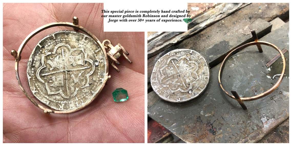 Unisex Atocha shipwreck medallion pendant with emerald cut, 1.10 carats, yellow gold and silver, 14K and 925 sterling silver.