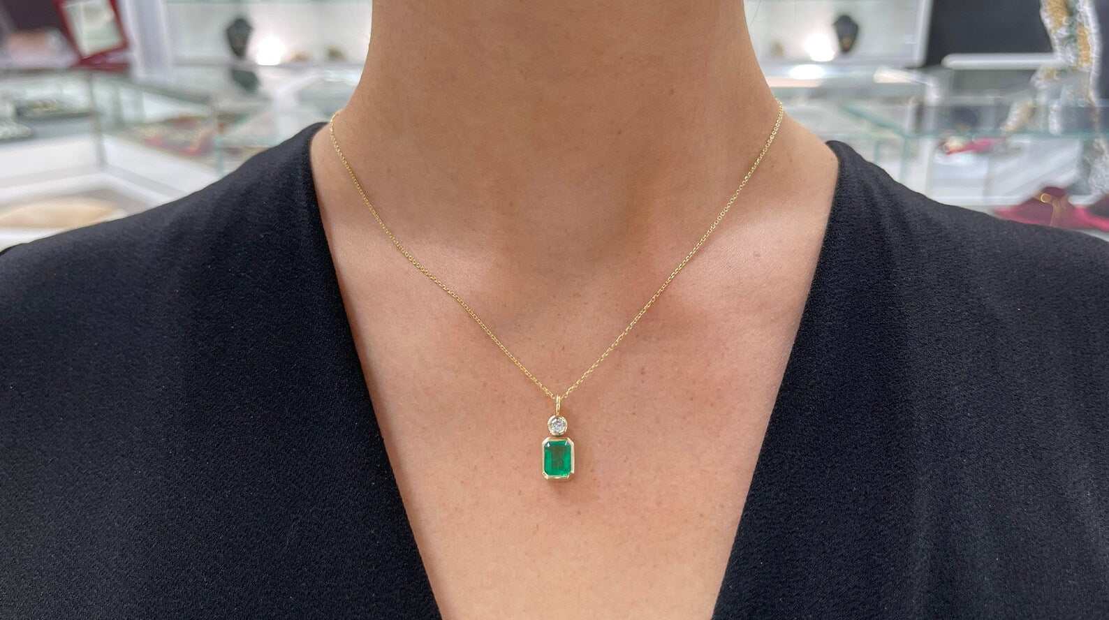 1.58tcw Zambian Real Emerald & Brilliant Round Diamond Bezel Pendant 14K Gold