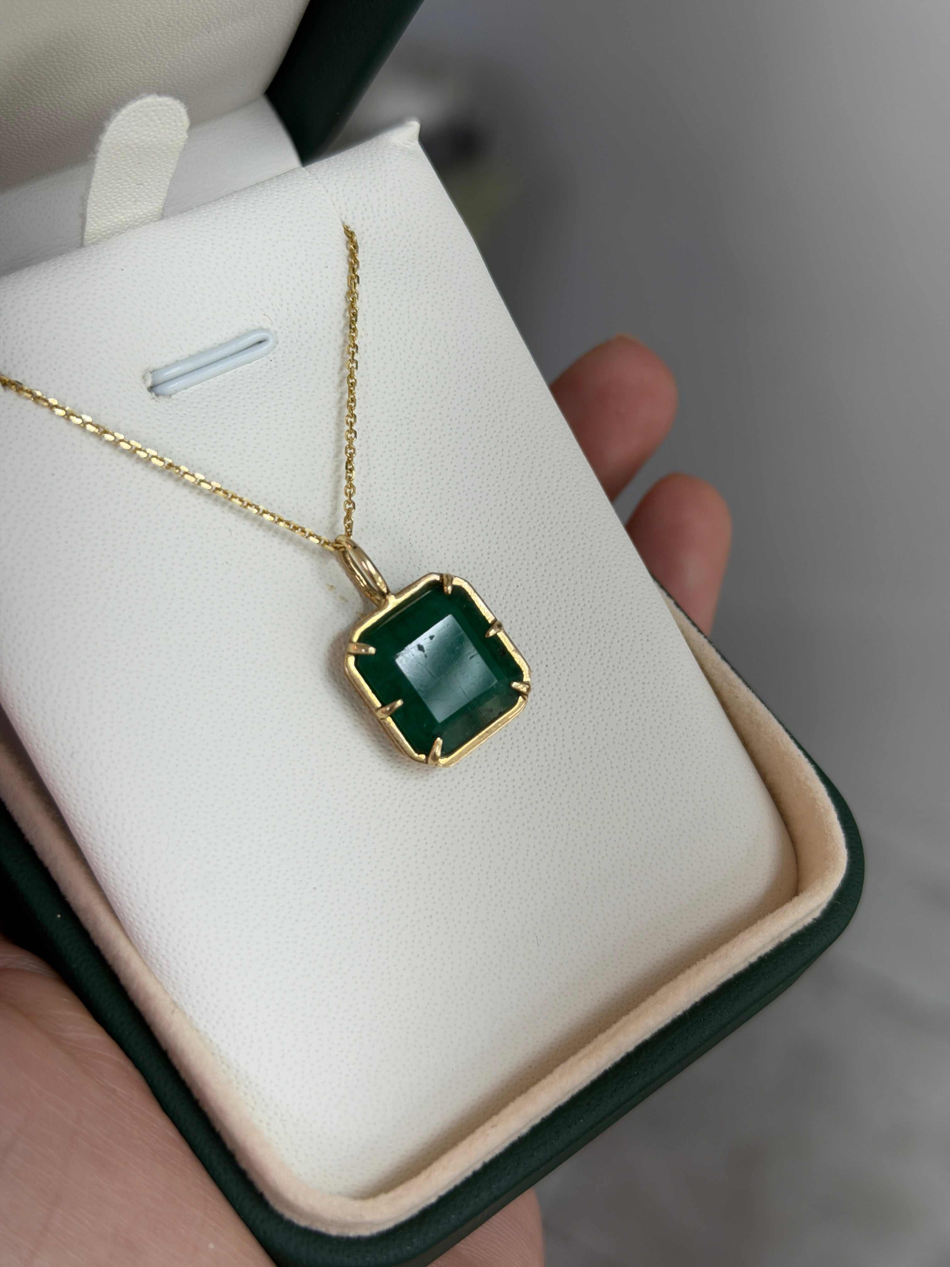 6.30 Carat Natural Dark Green Emerald Georgian Styled Solitaire Pendant 14K- Emerald Touches Skin - JR Colombian Emeralds