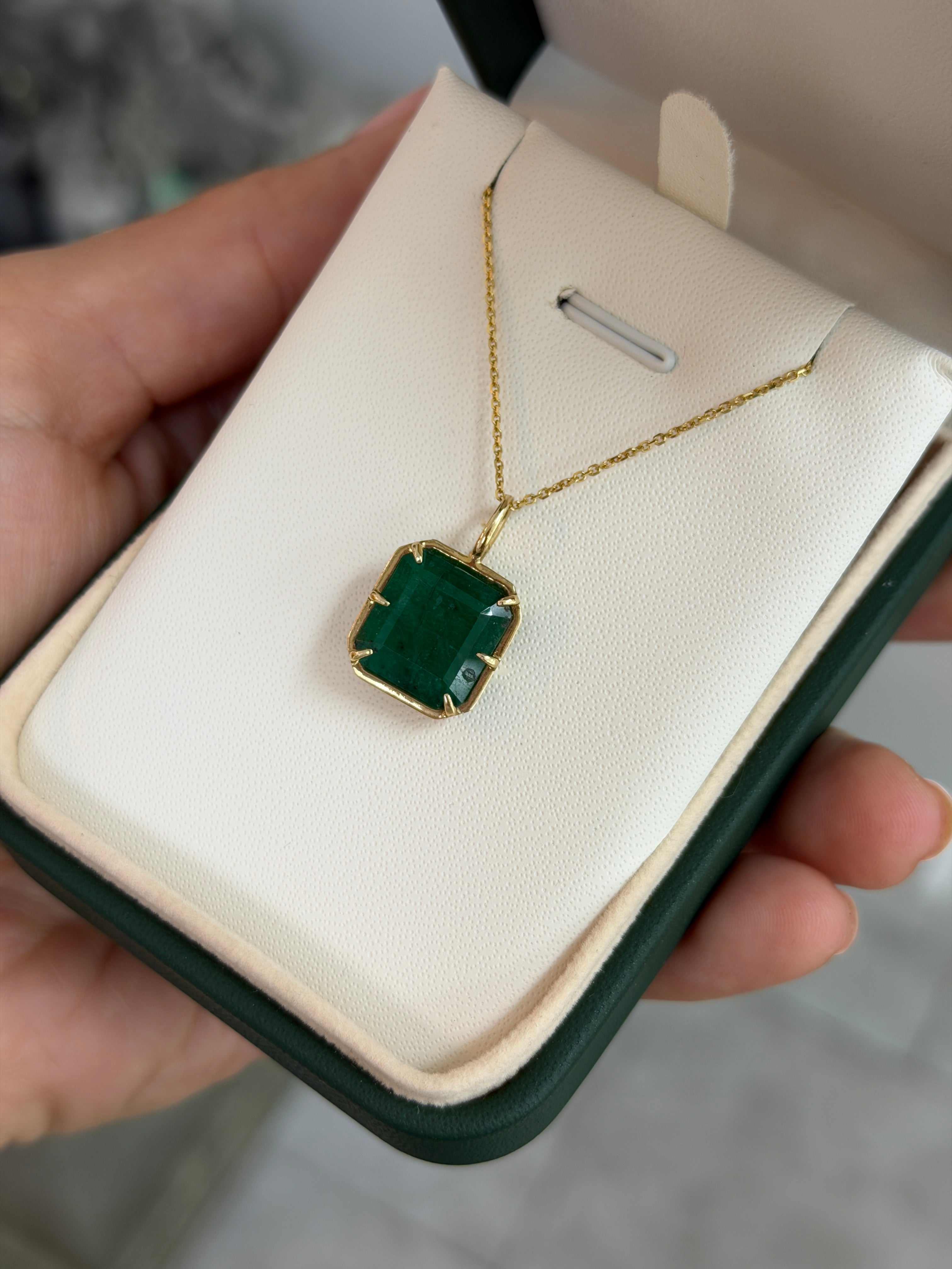 6.30 Carat Natural Dark Green Emerald Georgian Styled Solitaire Pendant 14K- Emerald Touches Skin - JR Colombian Emeralds