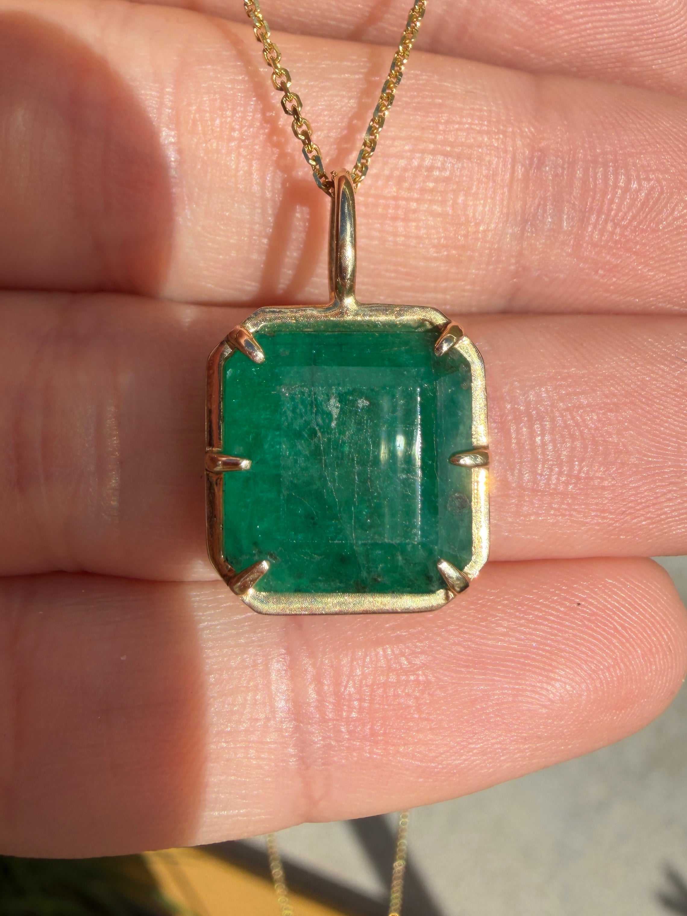 6.30 Carat Natural Dark Green Emerald Georgian Styled Solitaire Pendant 14K- Emerald Touches Skin - JR Colombian Emeralds