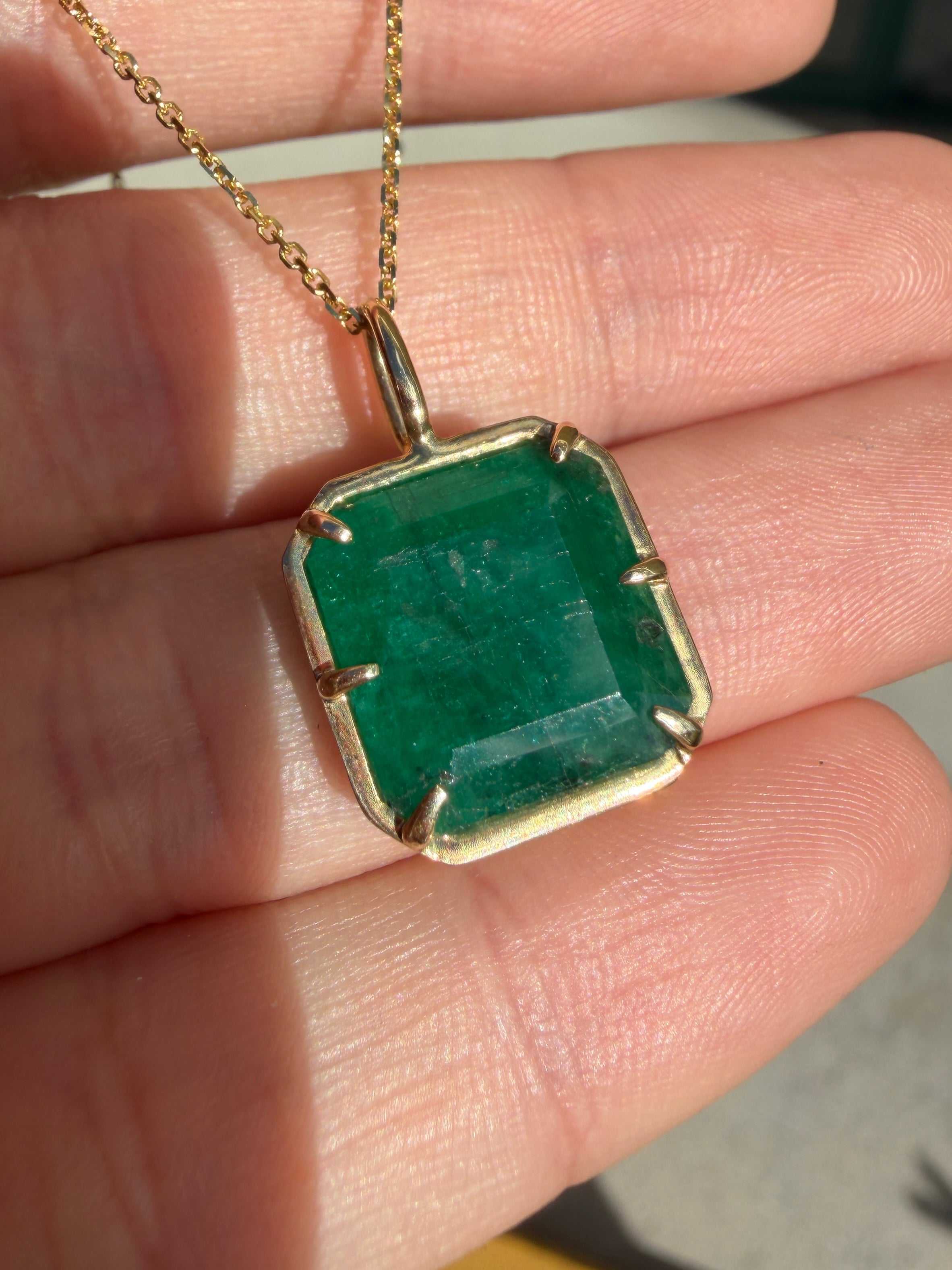 6.30 Carat Natural Dark Green Emerald Georgian Styled Solitaire Pendant 14K- Emerald Touches Skin - JR Colombian Emeralds
