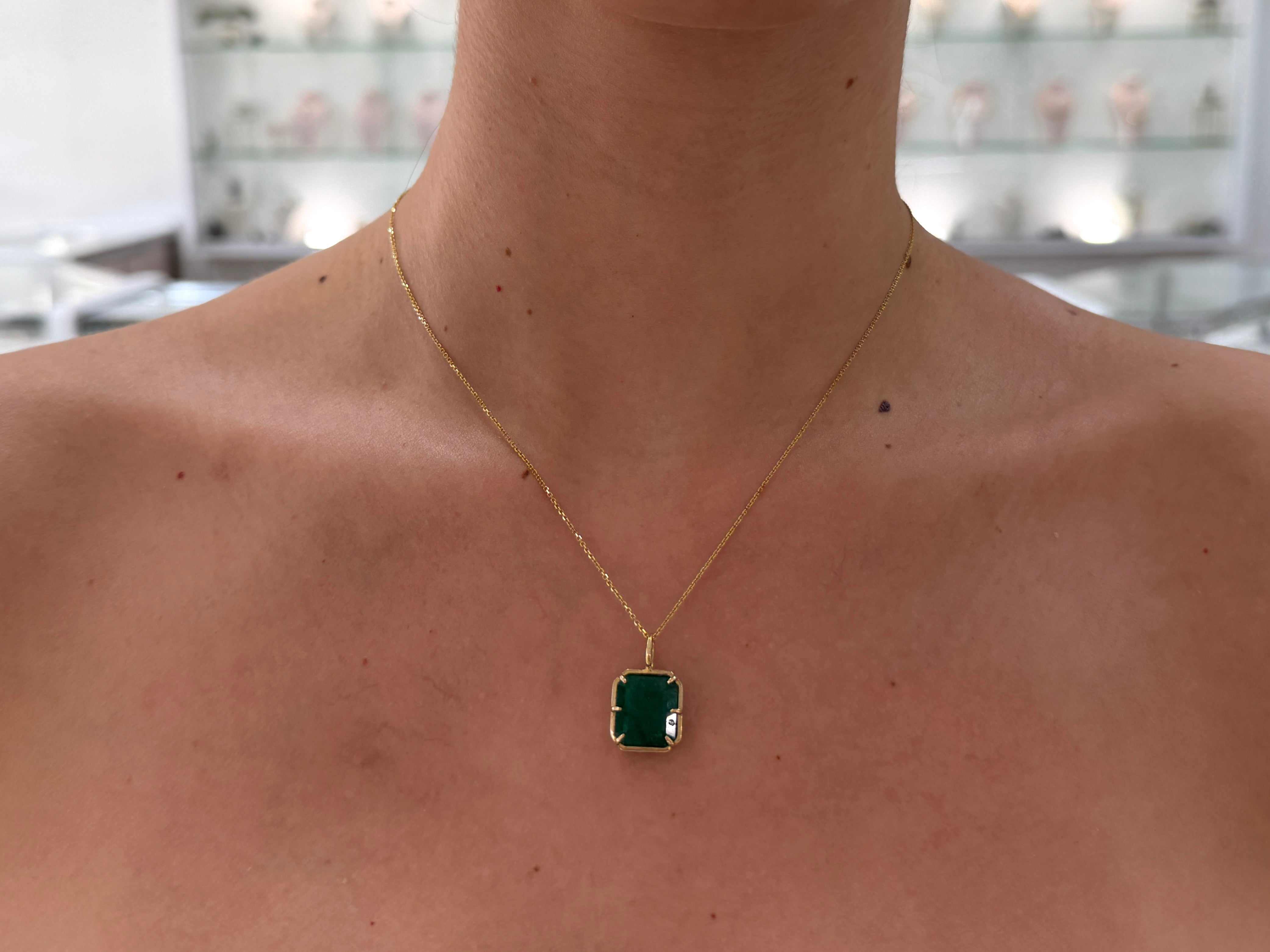 6.30 Carat Natural Dark Green Emerald Georgian Styled Solitaire Pendant 14K- Emerald Touches Skin - JR Colombian Emeralds