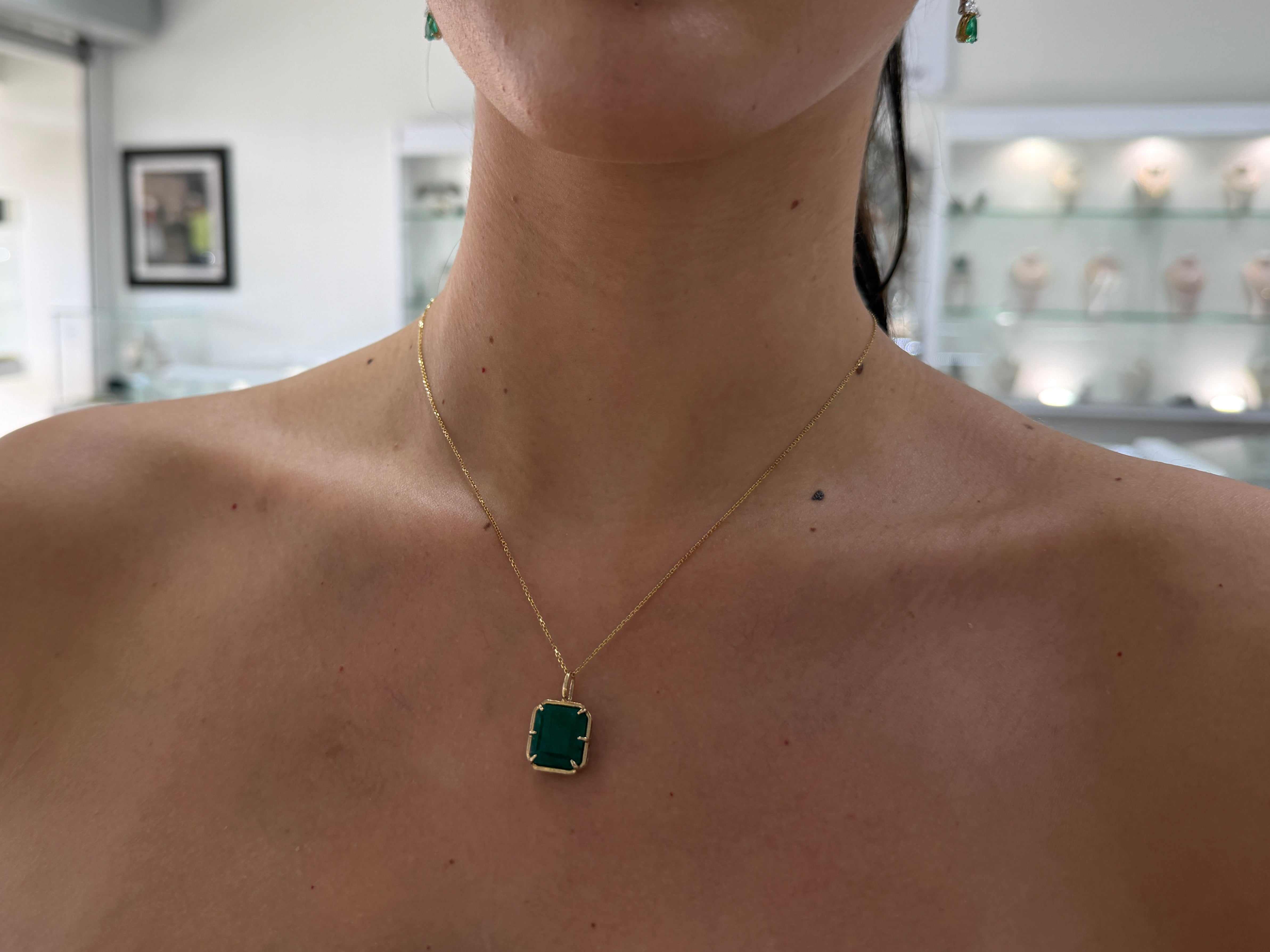 6.30 Carat Natural Dark Green Emerald Georgian Styled Solitaire Pendant 14K- Emerald Touches Skin - JR Colombian Emeralds