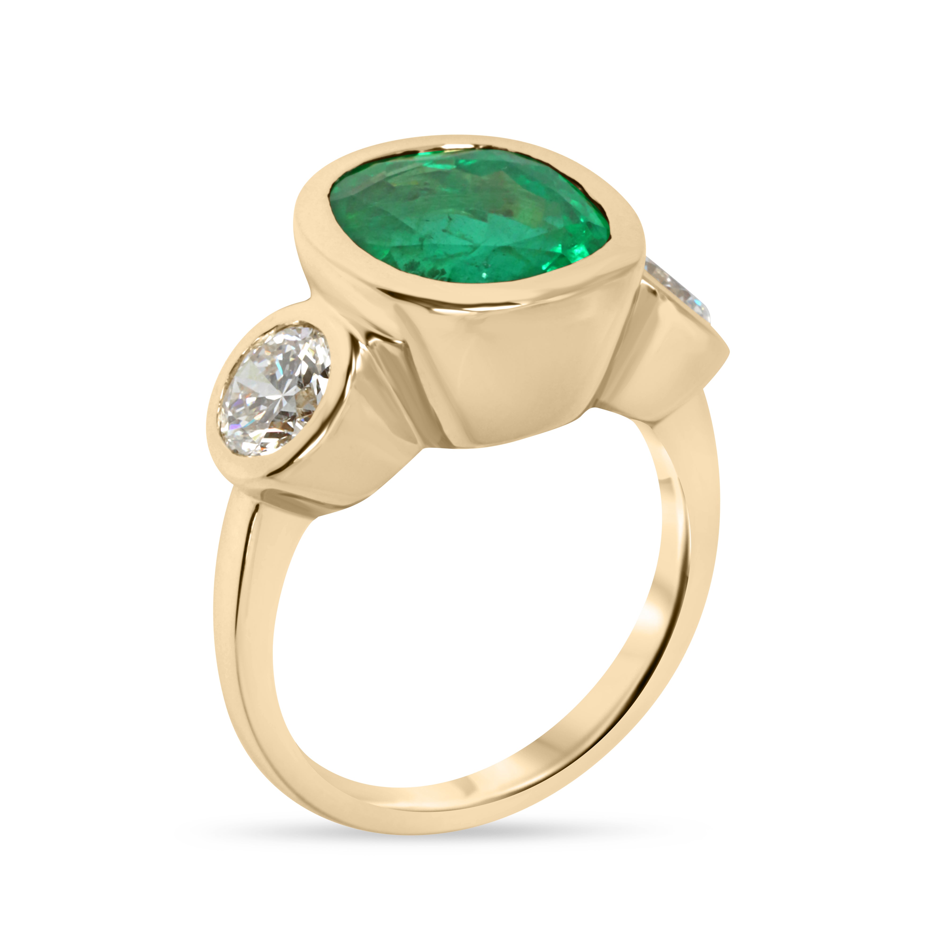 7.33tcw 18K Exclusive Cushion Colombian Emerald & Brilliant Round Diamond Three Stone Ring - JR Colombian Emeralds