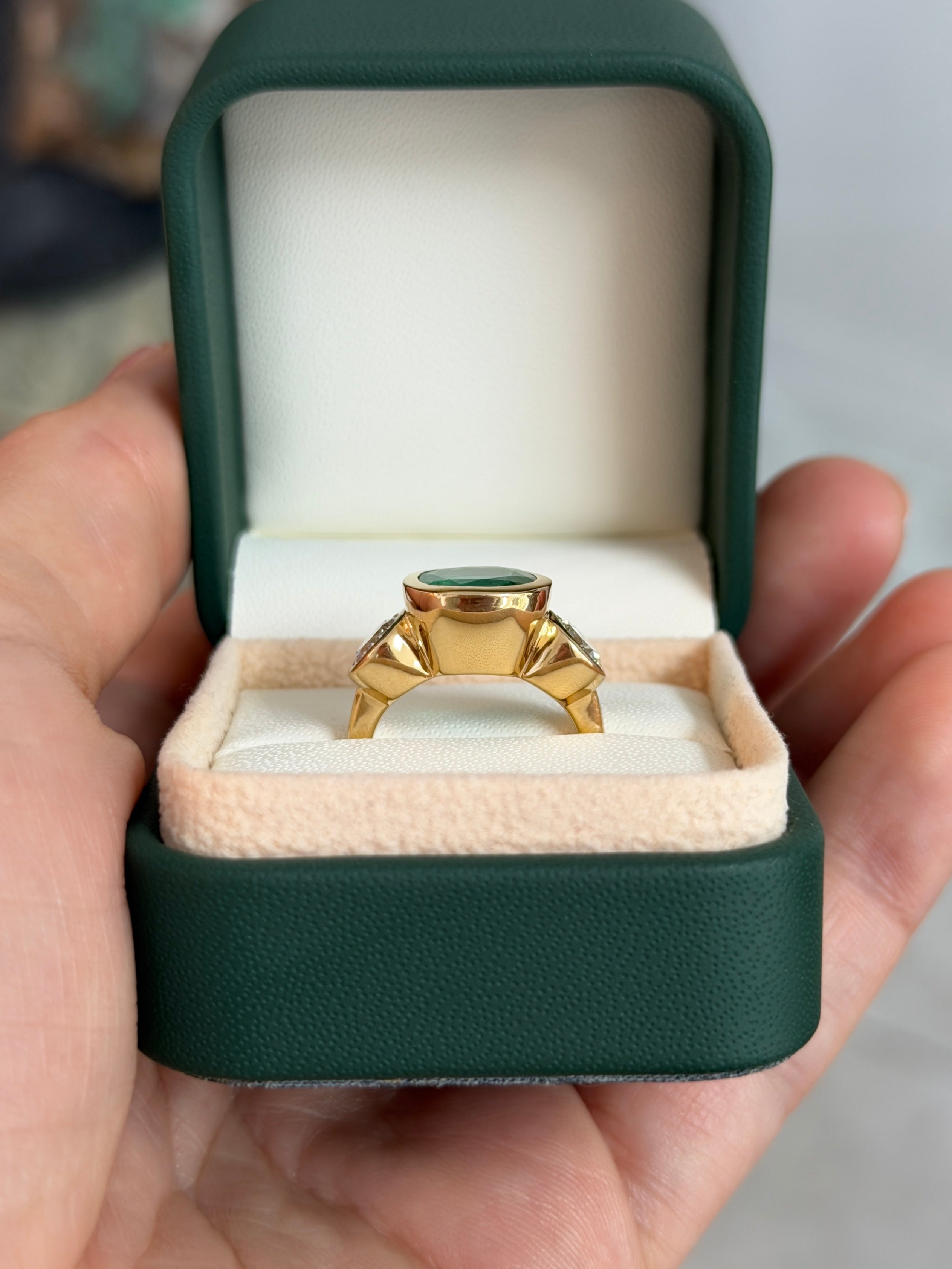 7.33tcw 18K Exclusive Cushion Colombian Emerald & Brilliant Round Diamond Three Stone Ring - JR Colombian Emeralds