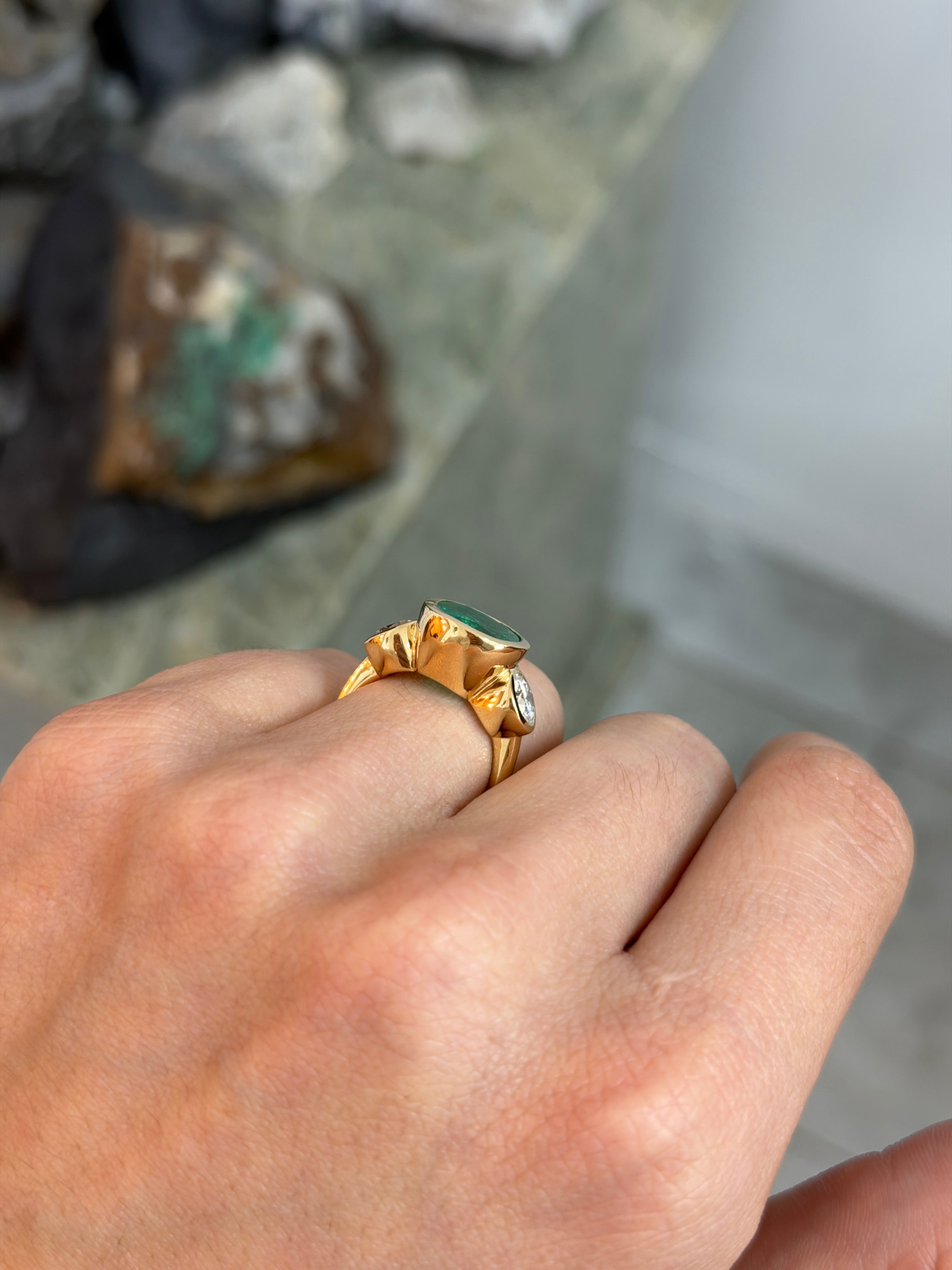 7.33tcw 18K Exclusive Cushion Colombian Emerald & Brilliant Round Diamond Three Stone Ring - JR Colombian Emeralds