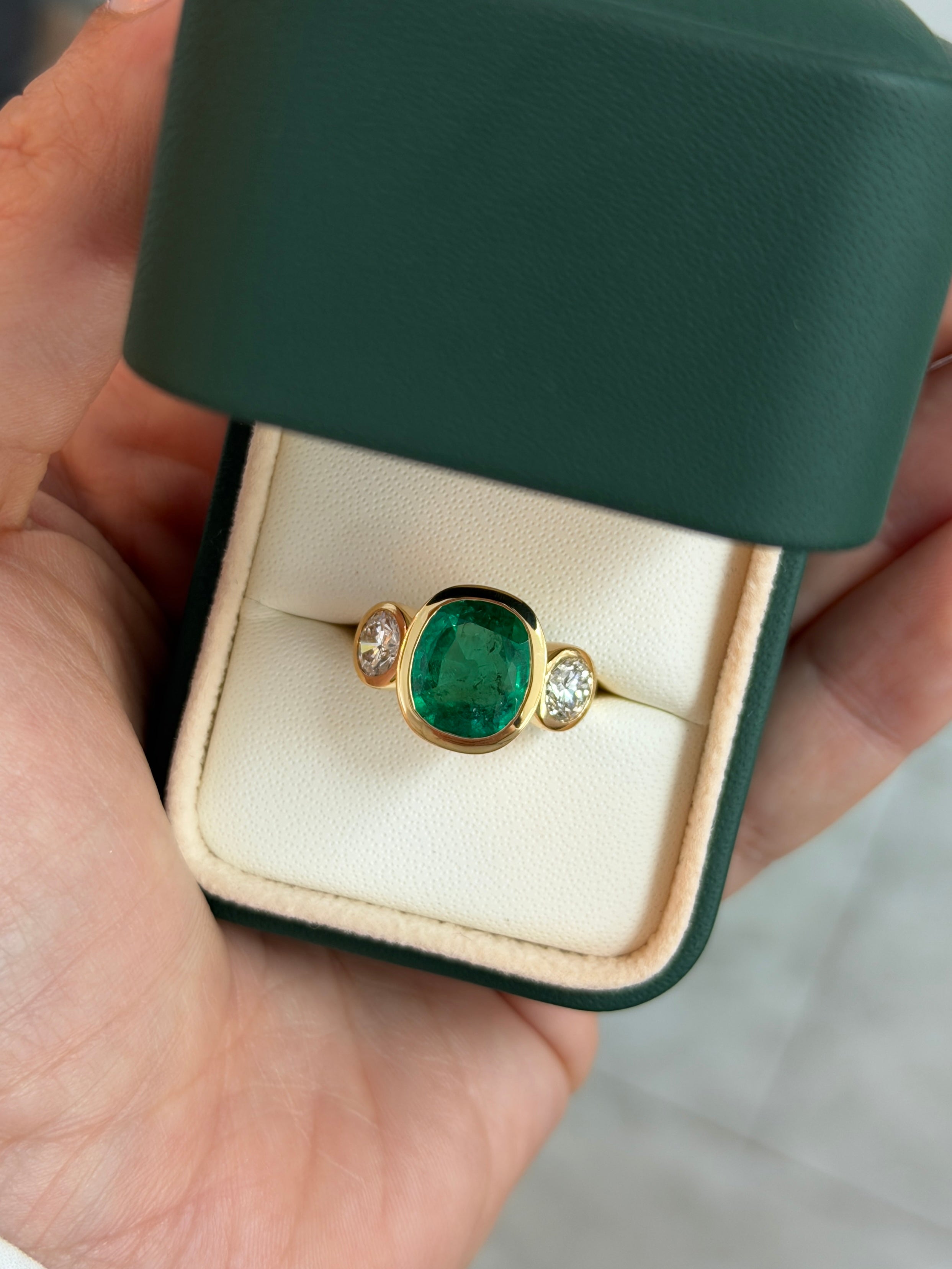 7.33tcw 18K Exclusive Cushion Colombian Emerald & Brilliant Round Diamond Three Stone Ring - JR Colombian Emeralds