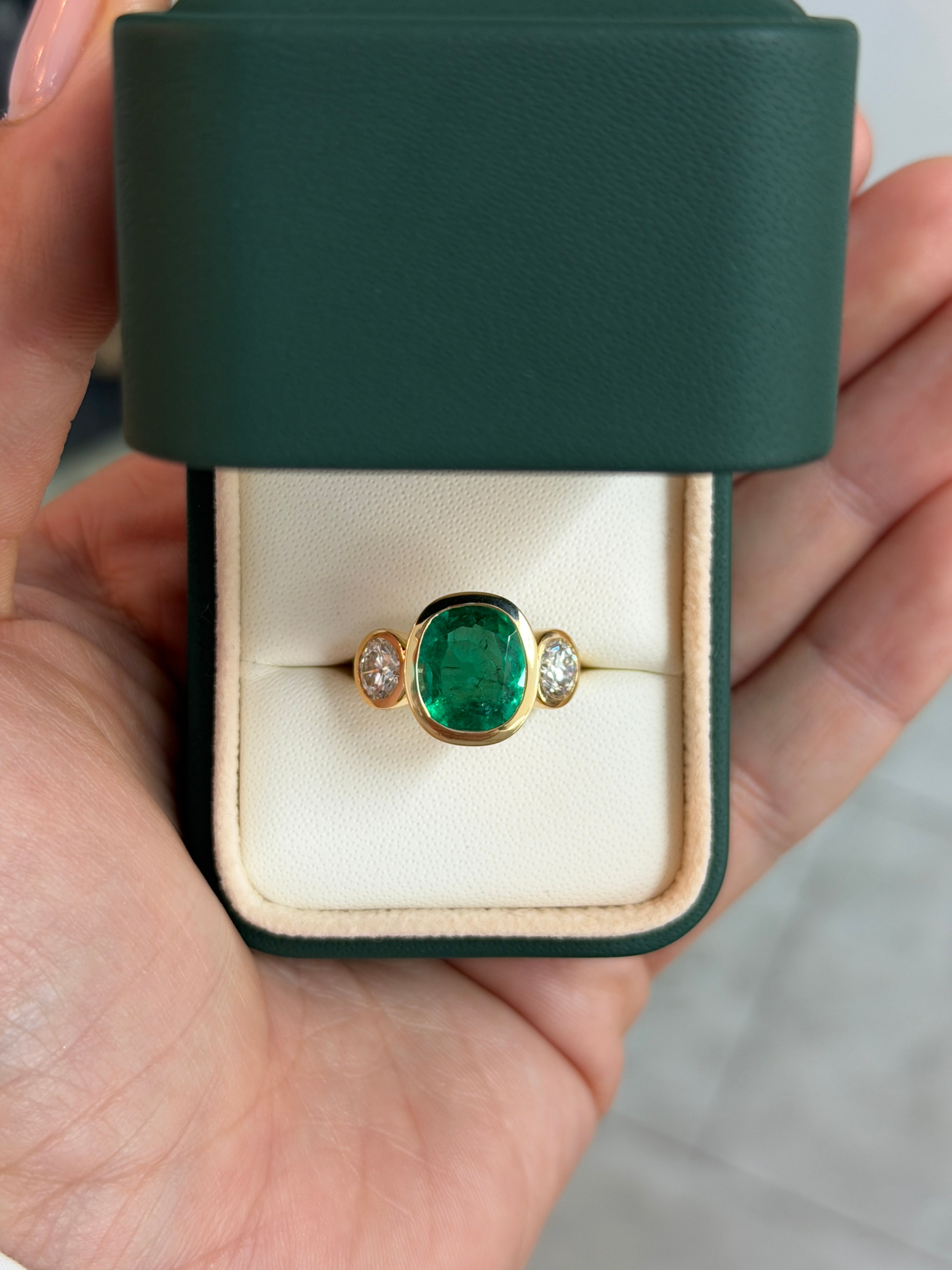 7.33tcw 18K Exclusive Cushion Colombian Emerald & Brilliant Round Diamond Three Stone Ring - JR Colombian Emeralds