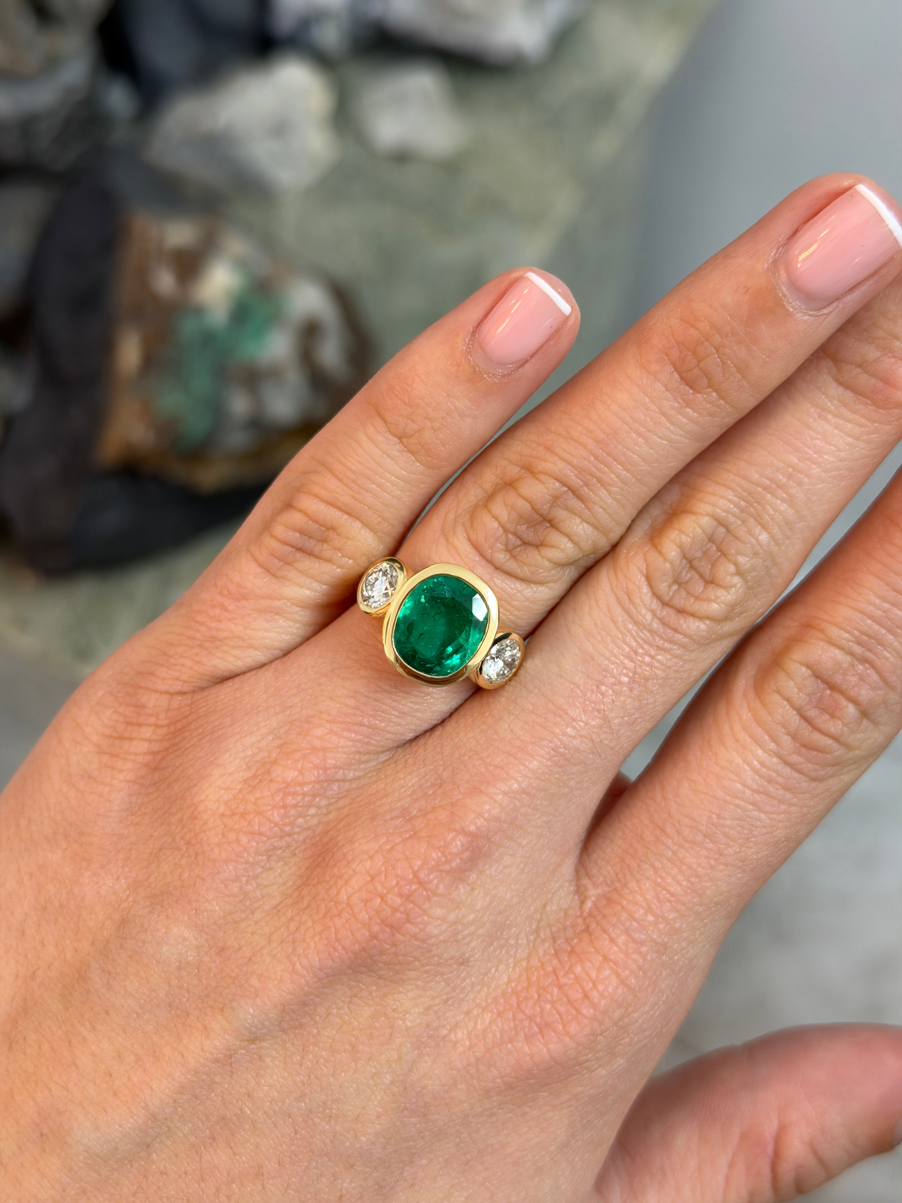 7.33tcw 18K Exclusive Cushion Colombian Emerald & Brilliant Round Diamond Three Stone Ring - JR Colombian Emeralds