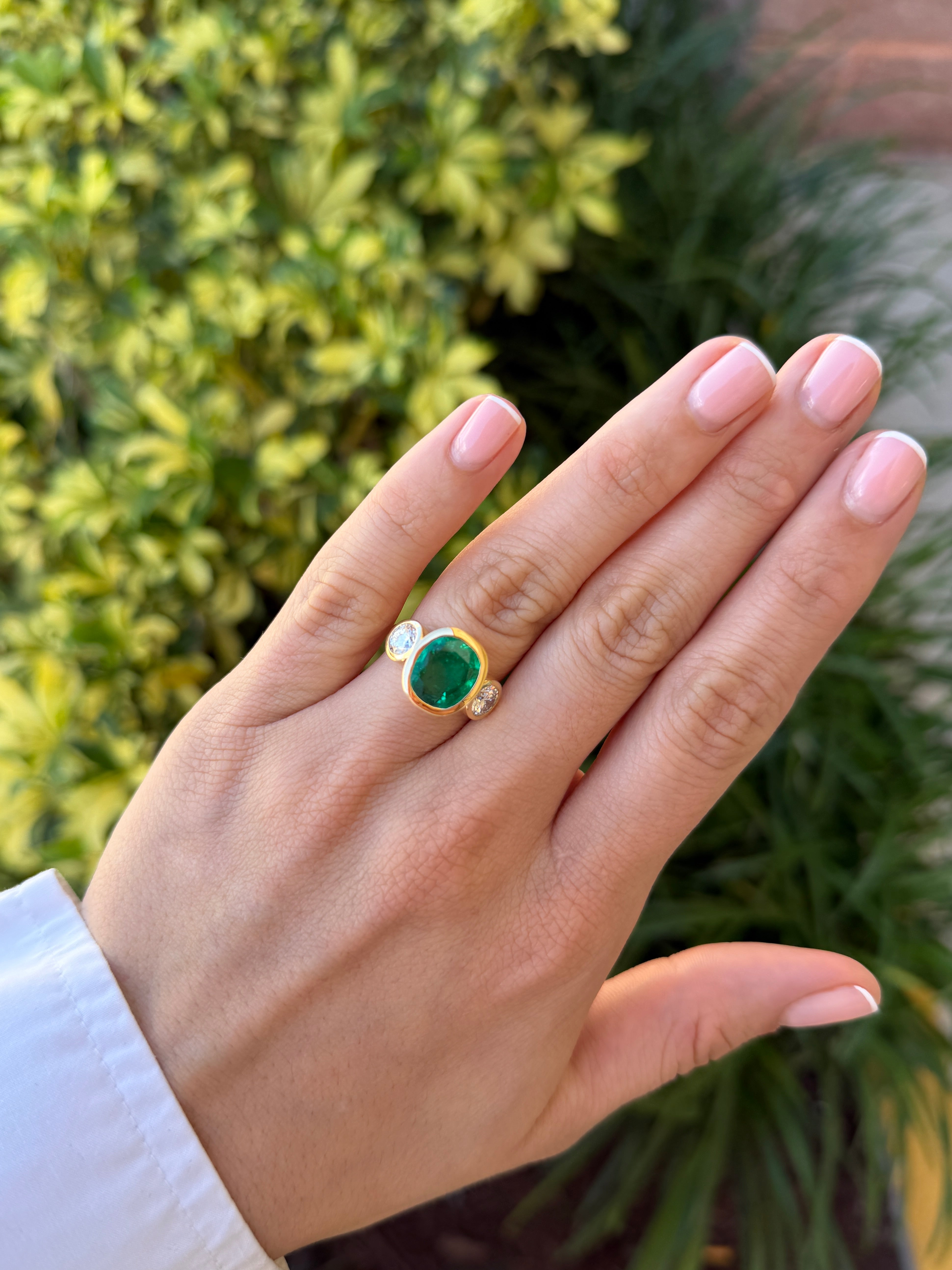7.33tcw 18K Exclusive Cushion Colombian Emerald & Brilliant Round Diamond Three Stone Ring - JR Colombian Emeralds