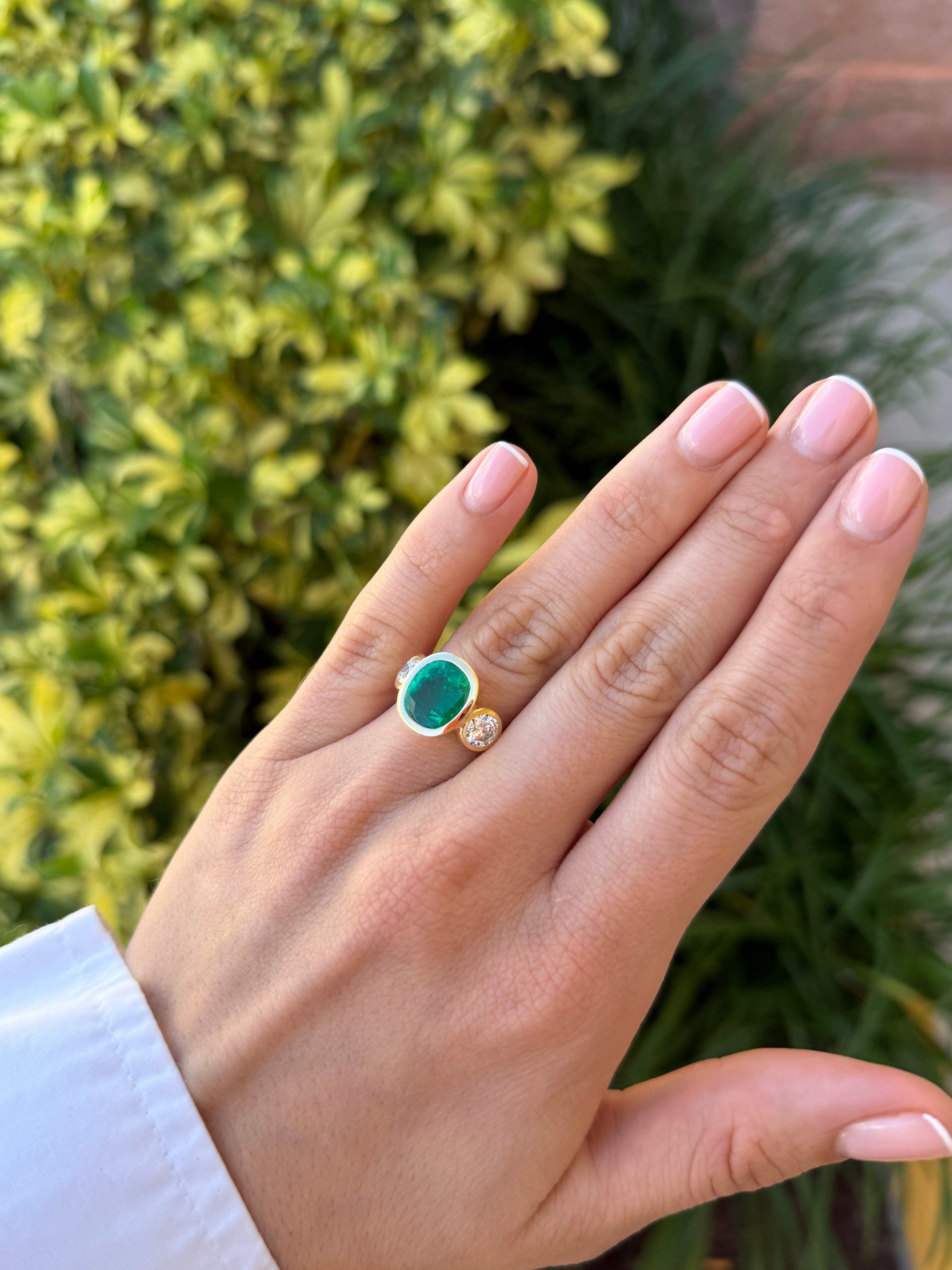 7.33tcw 18K Exclusive Cushion Colombian Emerald & Brilliant Round Diamond Three Stone Ring - JR Colombian Emeralds