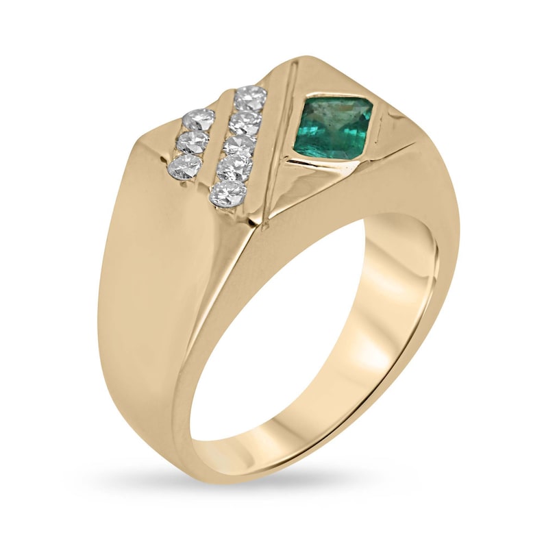 14K gold men's signet ring with a lush green round cut emerald and diamond accents, crafted by JR Colombian Emeralds.