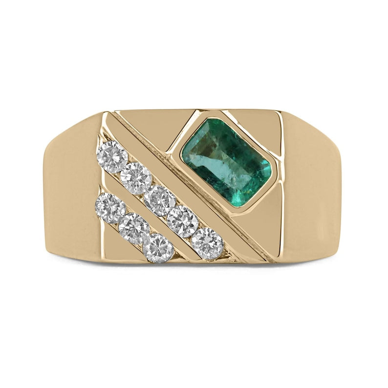 14K gold men's signet ring with lush green round cut emerald and diamond accents, crafted by JR Colombian Emeralds.