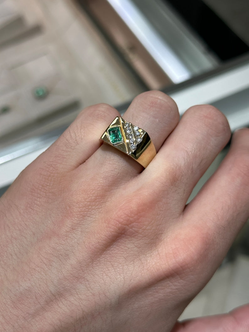 14K gold men's signet ring with a lush green round cut emerald and diamond accents from JR Colombian Emeralds.