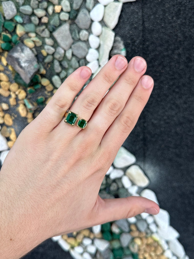 14K gold Toi Et Moi ring with dark forest green Asscher cut emeralds, 3.80 carats, from JR Colombian Emeralds.